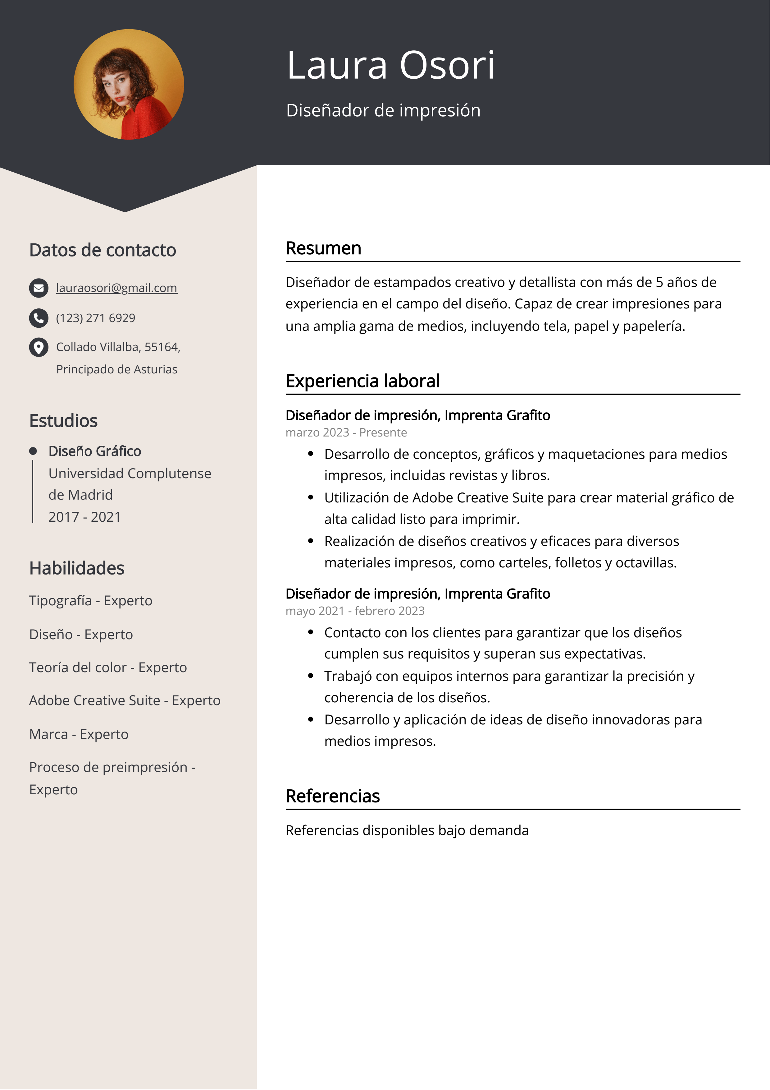 Diseñador de impresión Ejemplo de CV