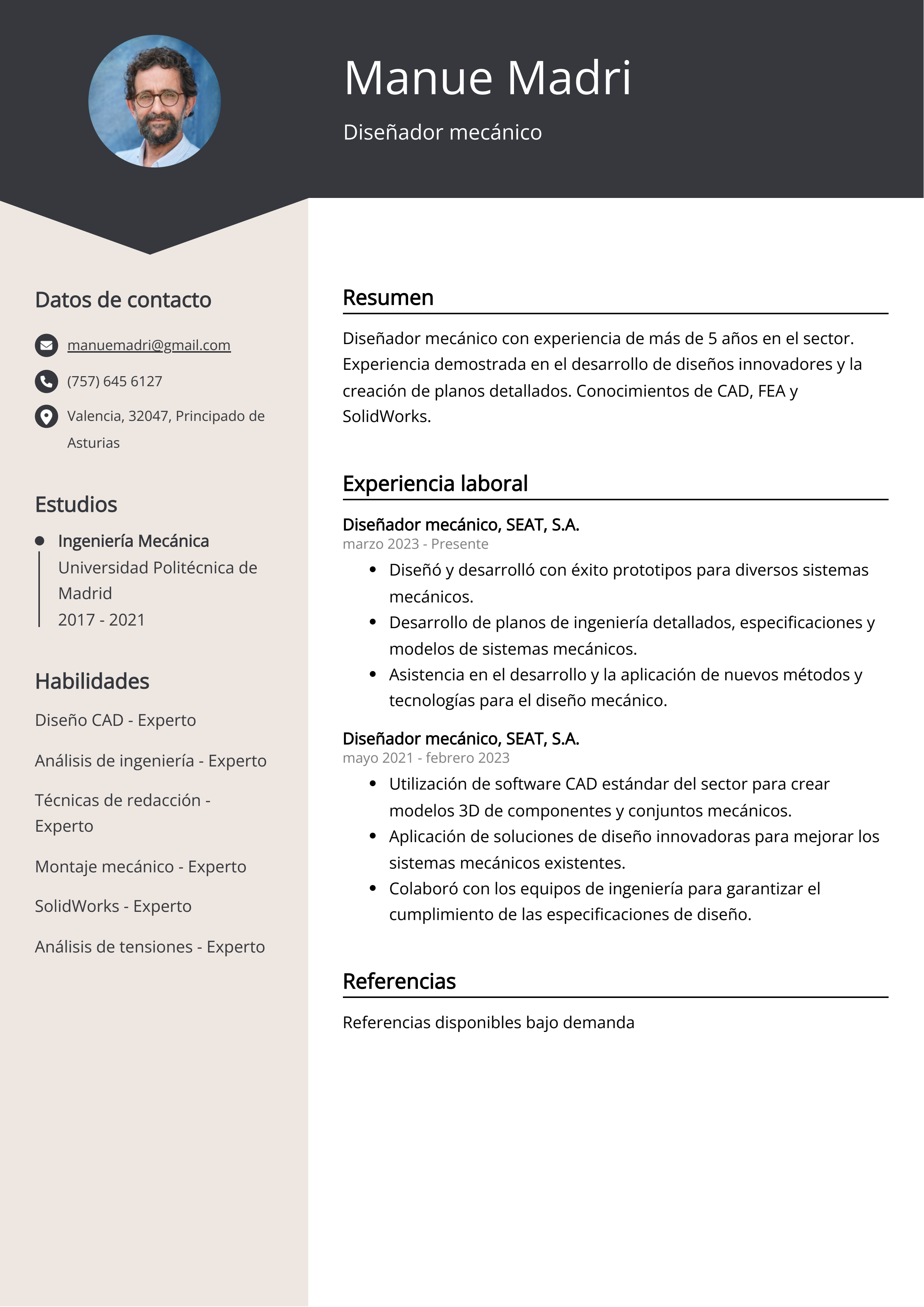 Diseñador mecánico Ejemplo de CV