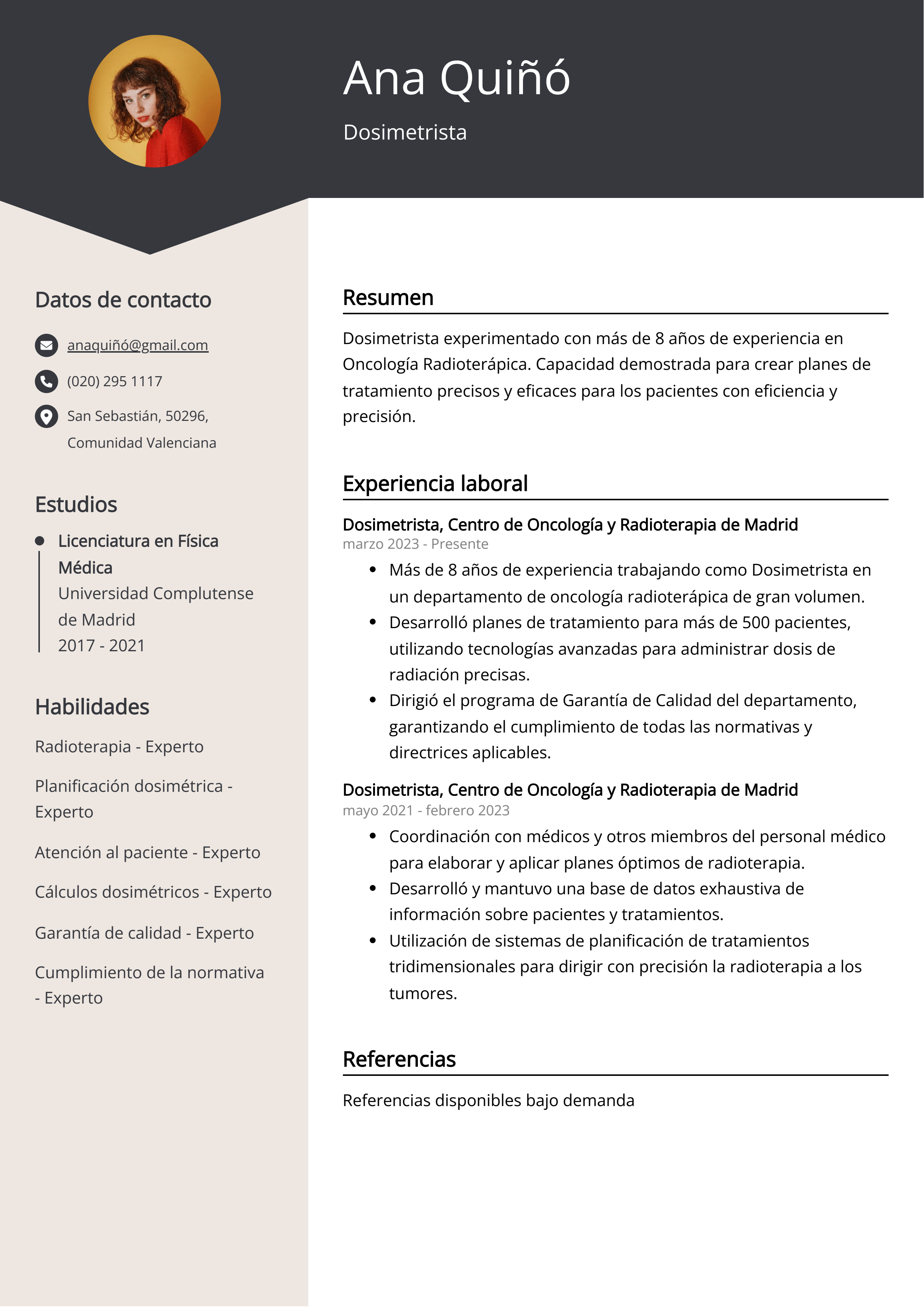 Dosimetristaa Ejemplo de currículum