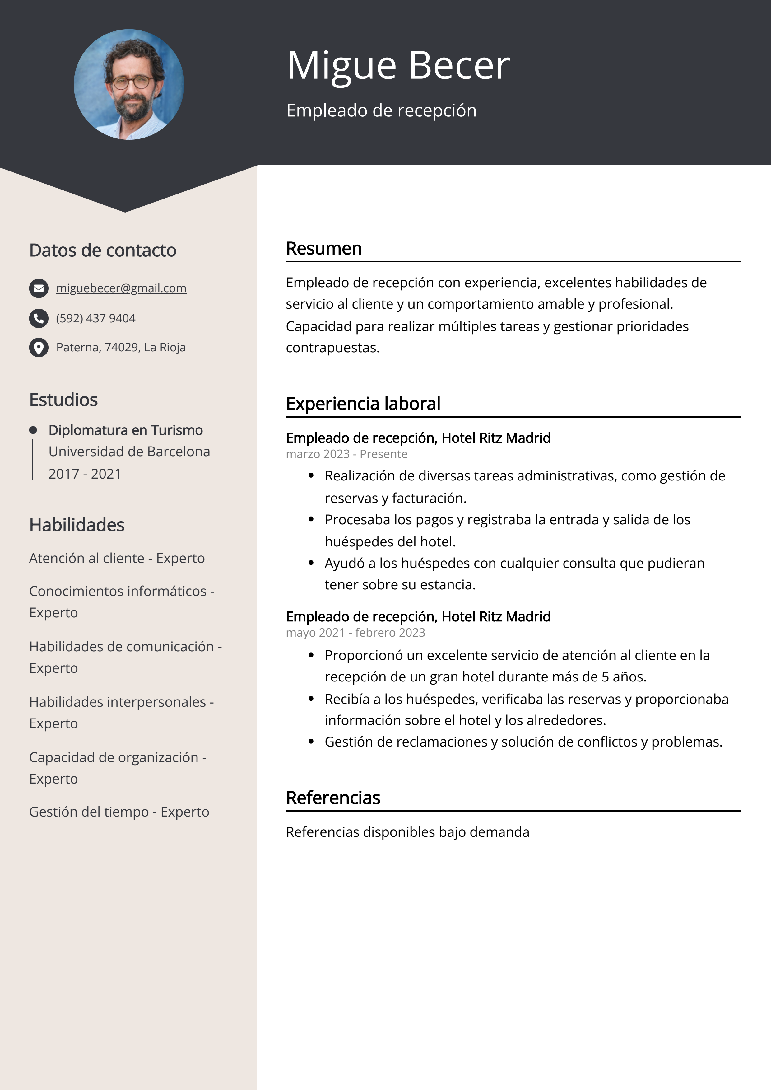 Empleado de recepción Ejemplo de CV