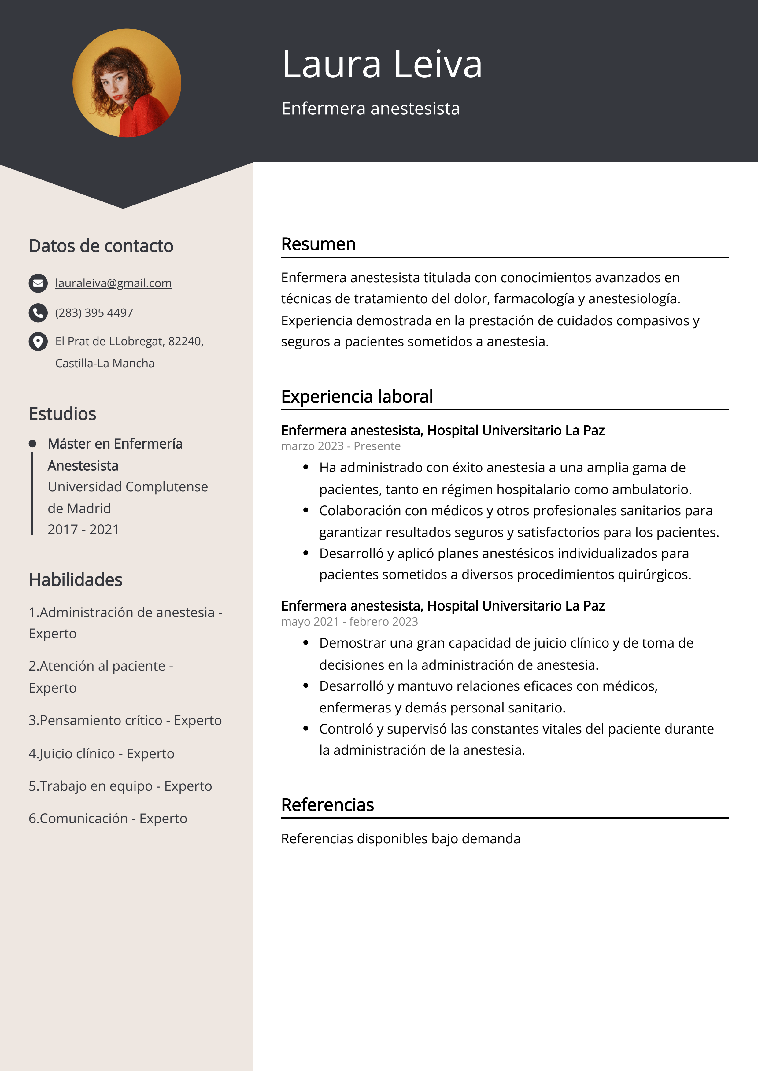 Enfermera anestesista Ejemplo de CV