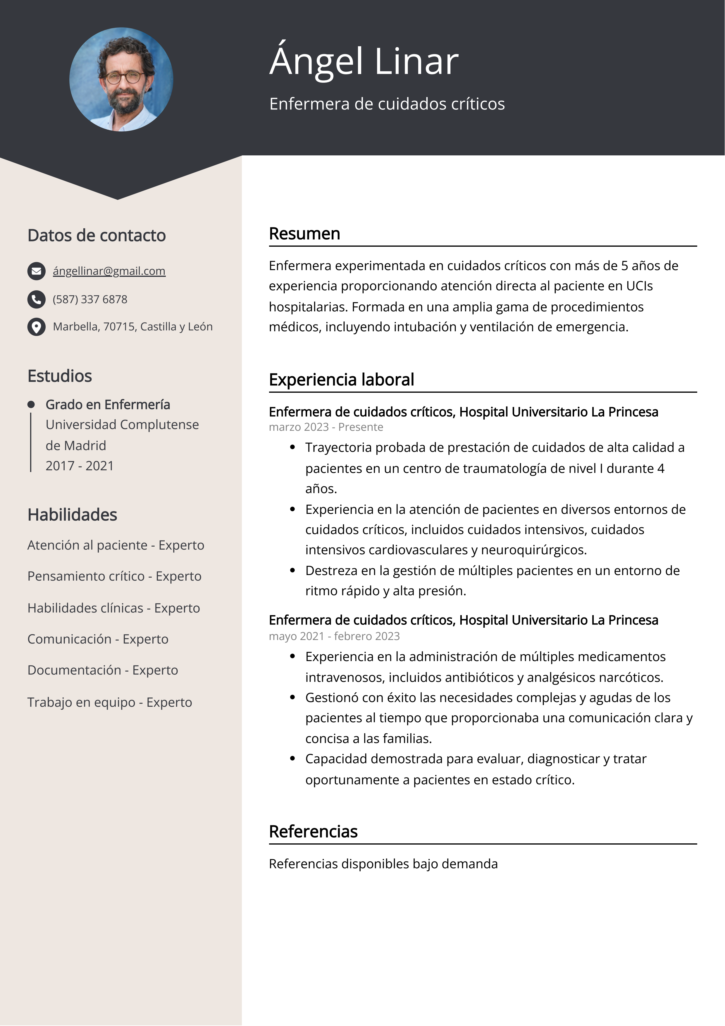 Enfermera de cuidados críticos Ejemplo de CV