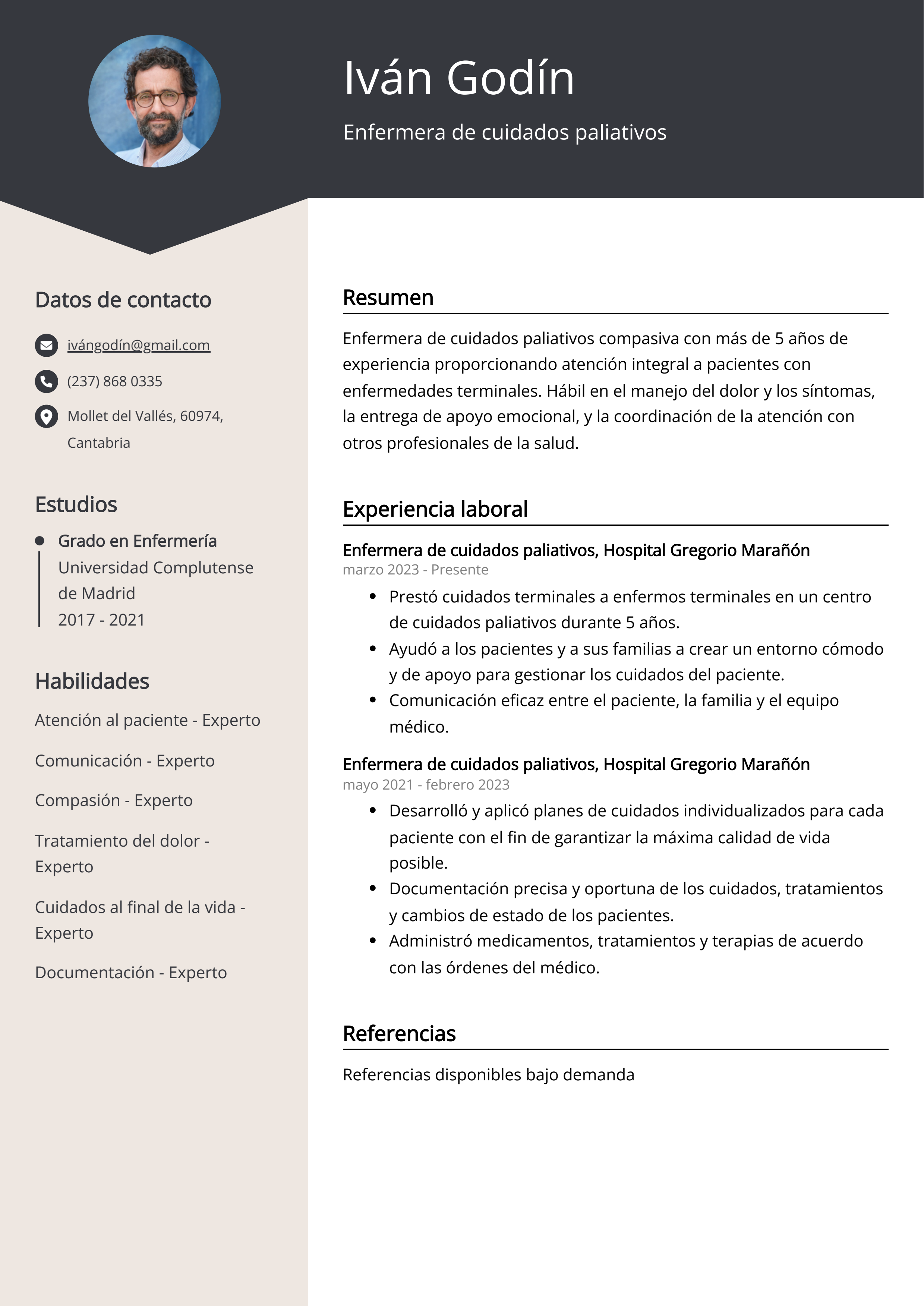 Enfermera de cuidados paliativos Ejemplo de CV