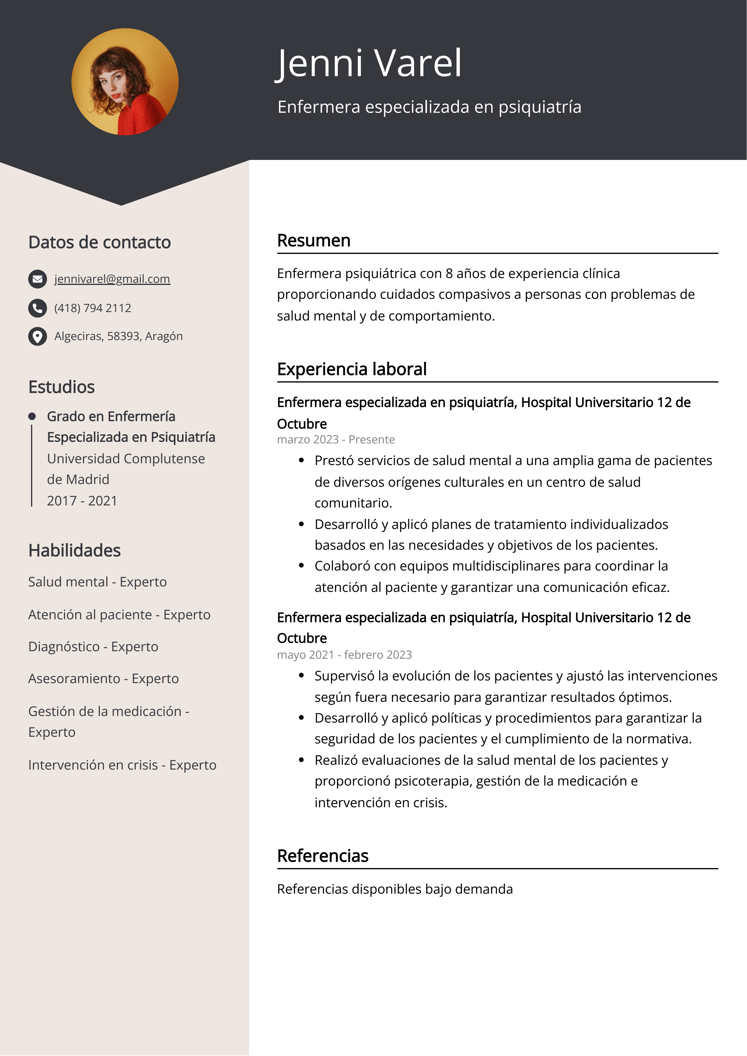 Enfermera especializada en psiquiatría Ejemplo de CV