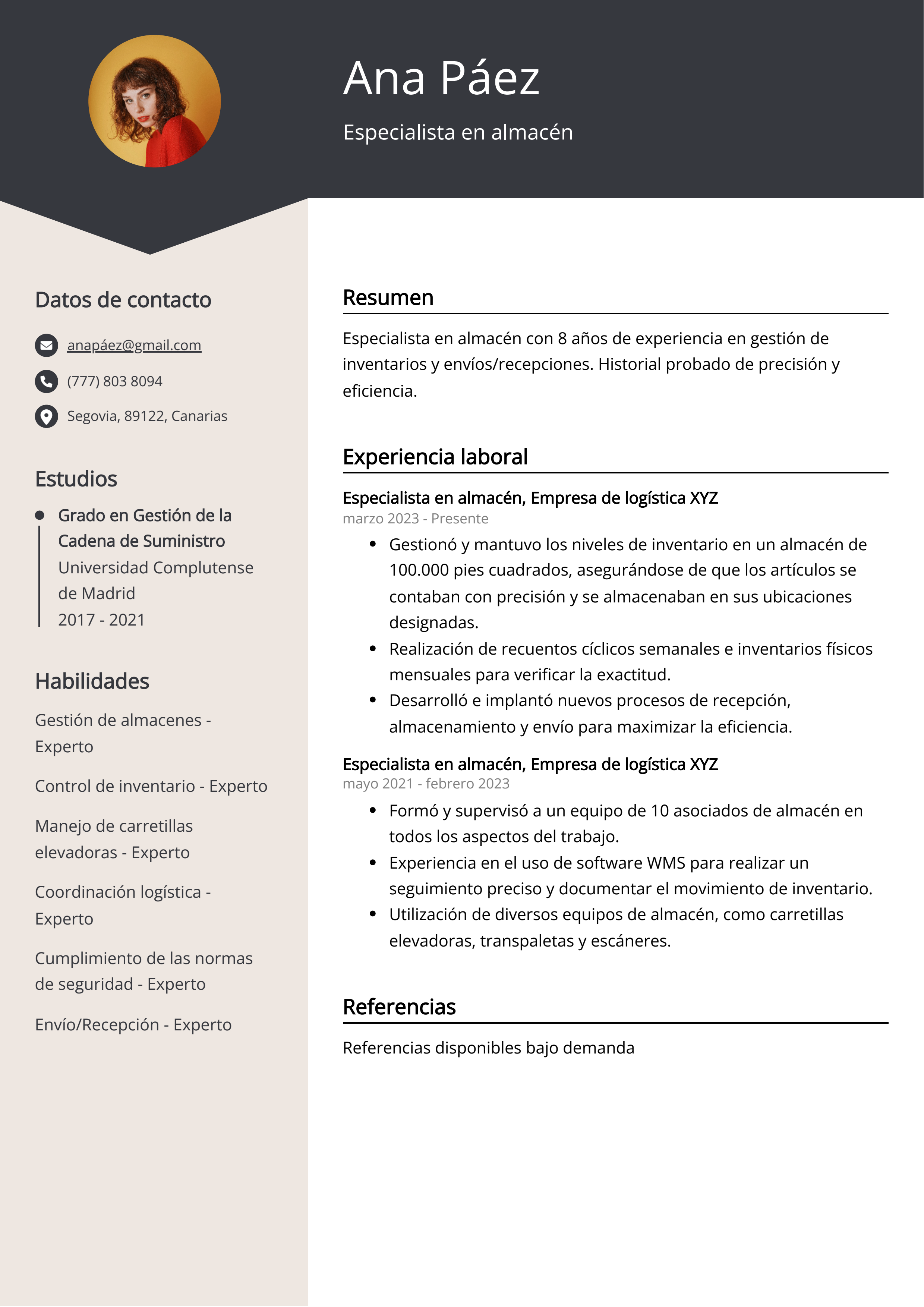 Especialista en almacén Ejemplo de CV