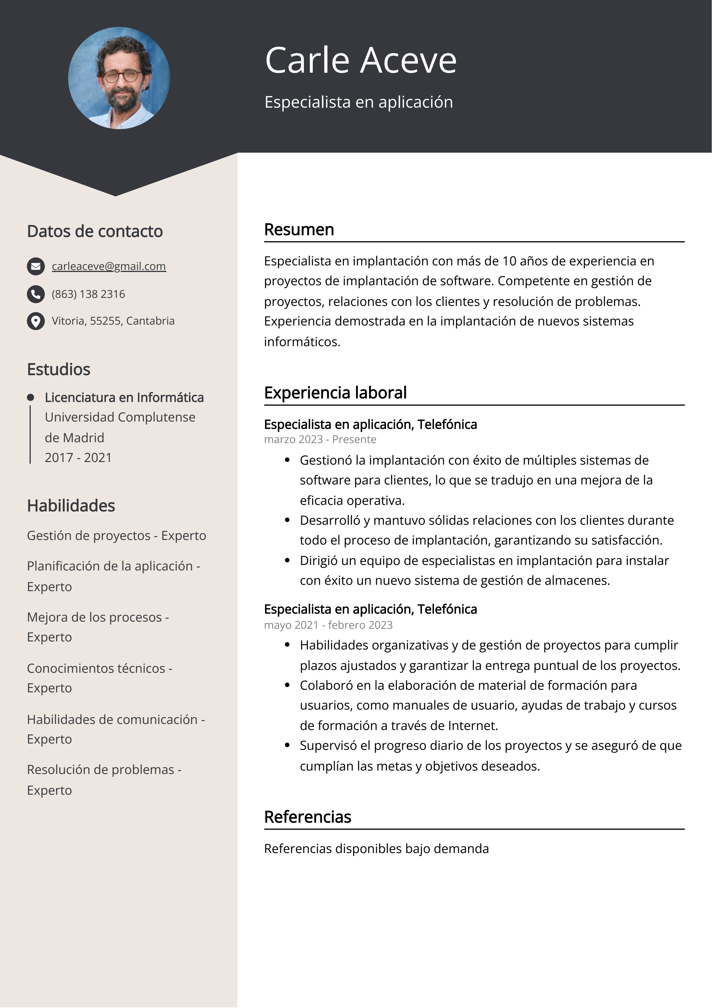 Especialista en aplicación Ejemplo de CV