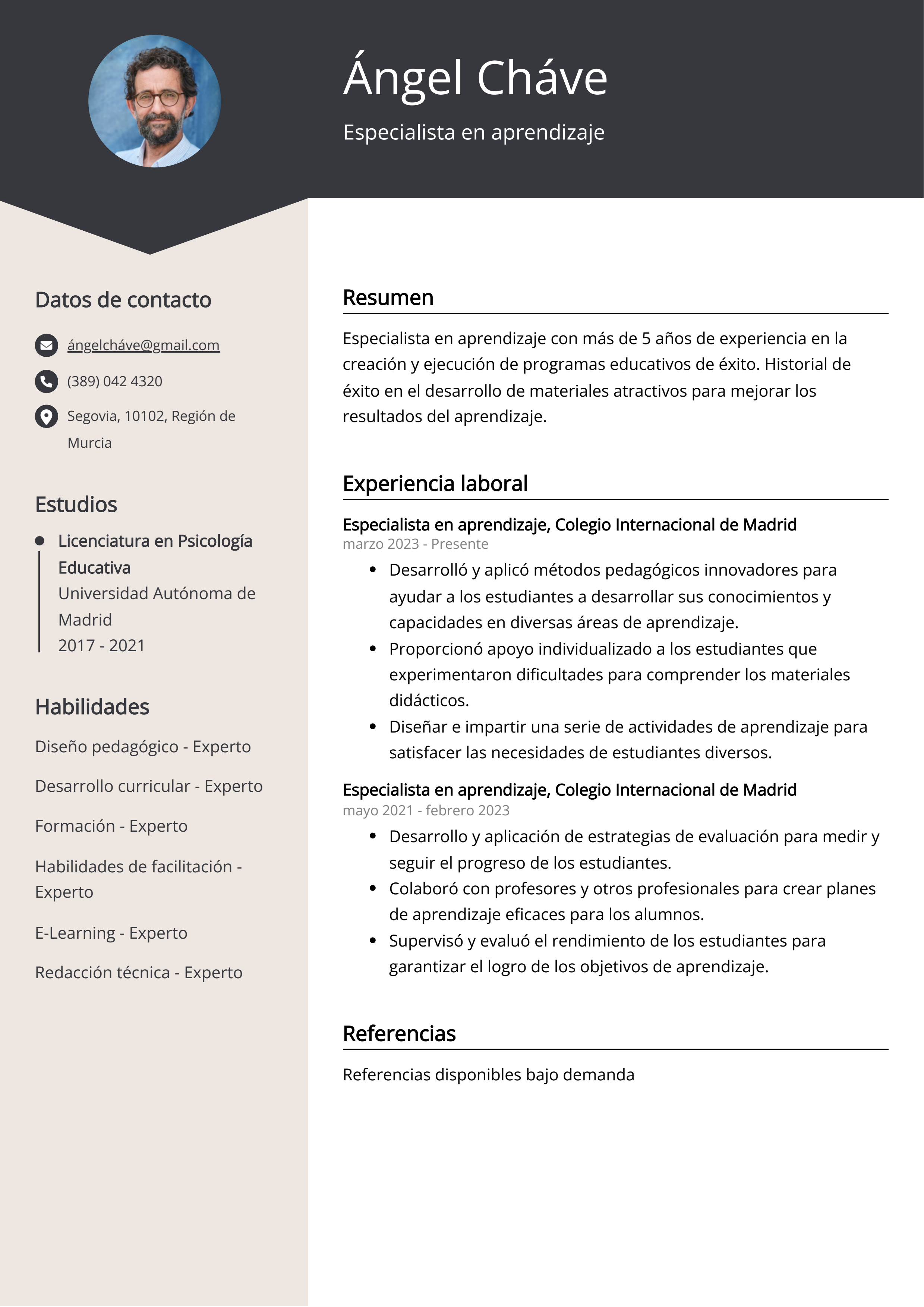 Especialista en aprendizaje Ejemplo de CV