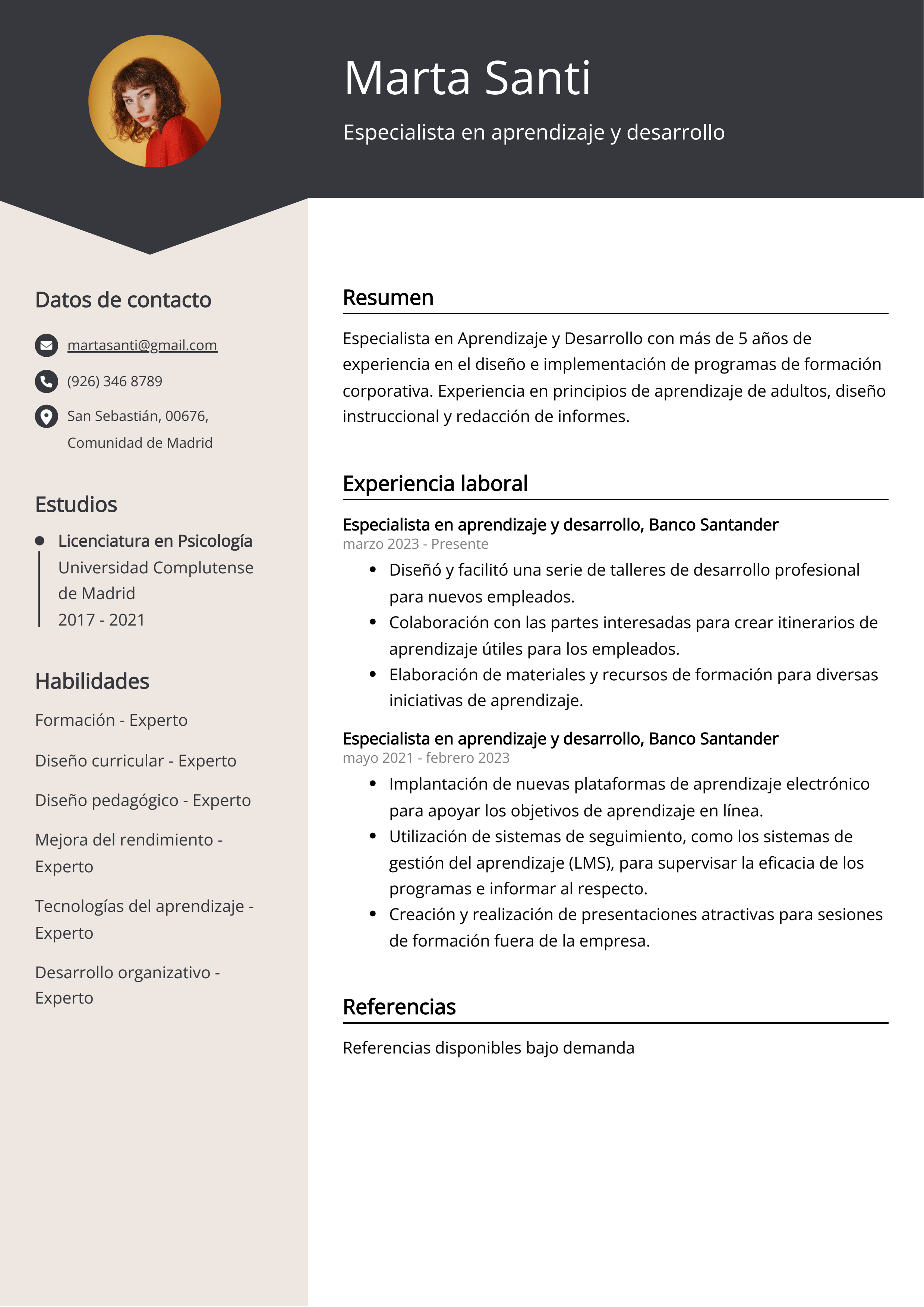 Especialista en aprendizaje y desarrollo Ejemplo de CV