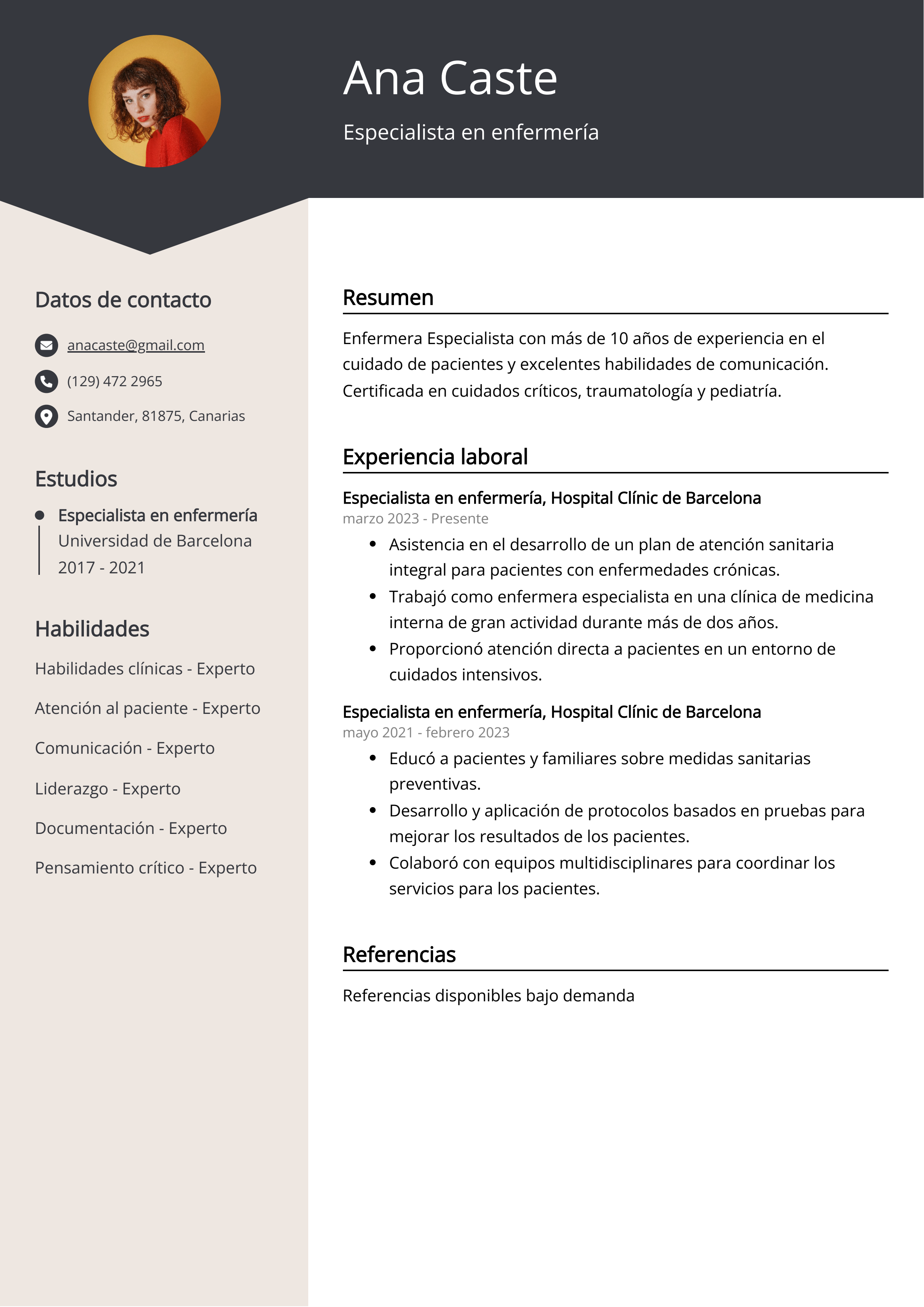 Especialista en enfermería Ejemplo de CV