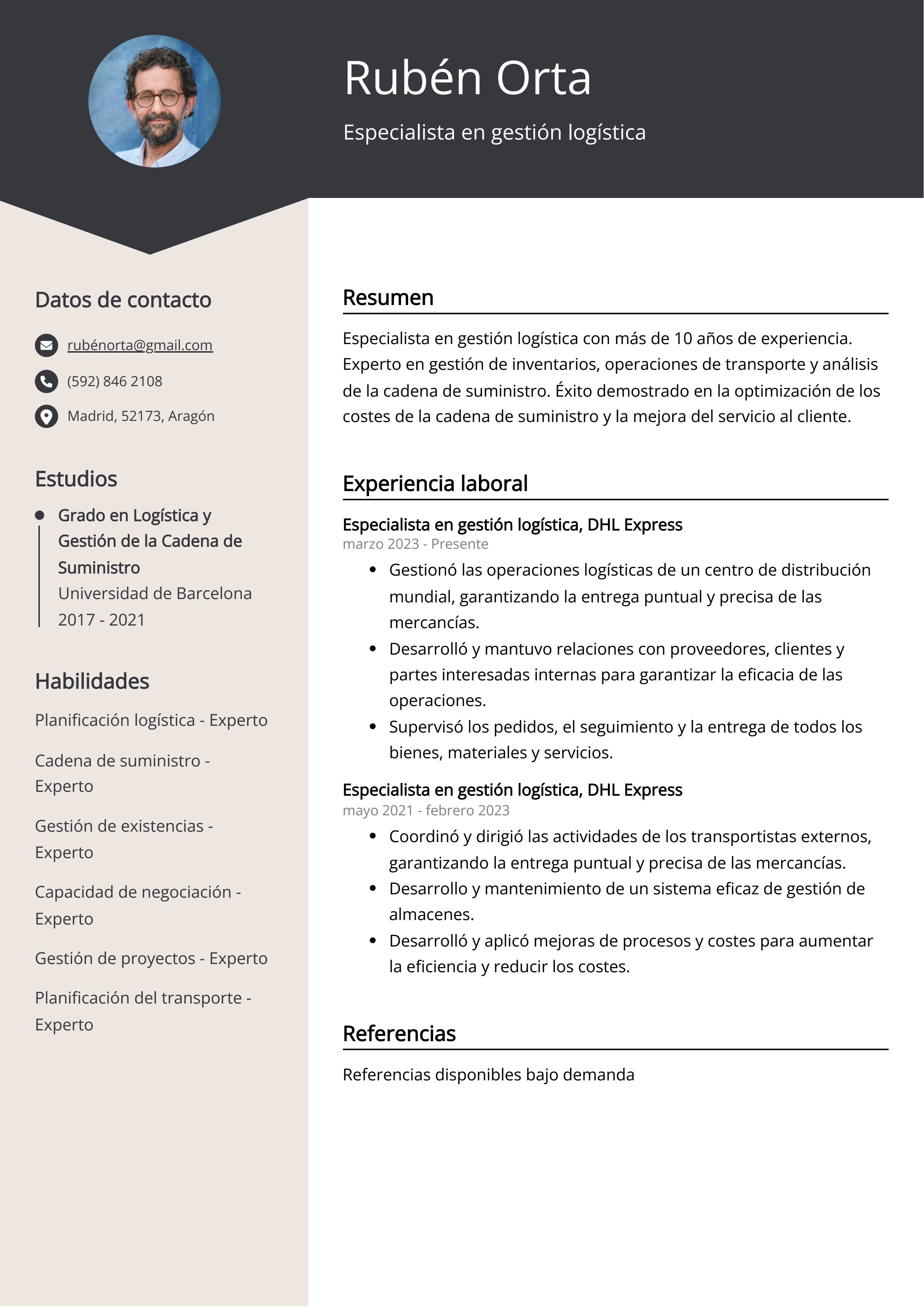 Especialista en gestión logística Ejemplo de CV