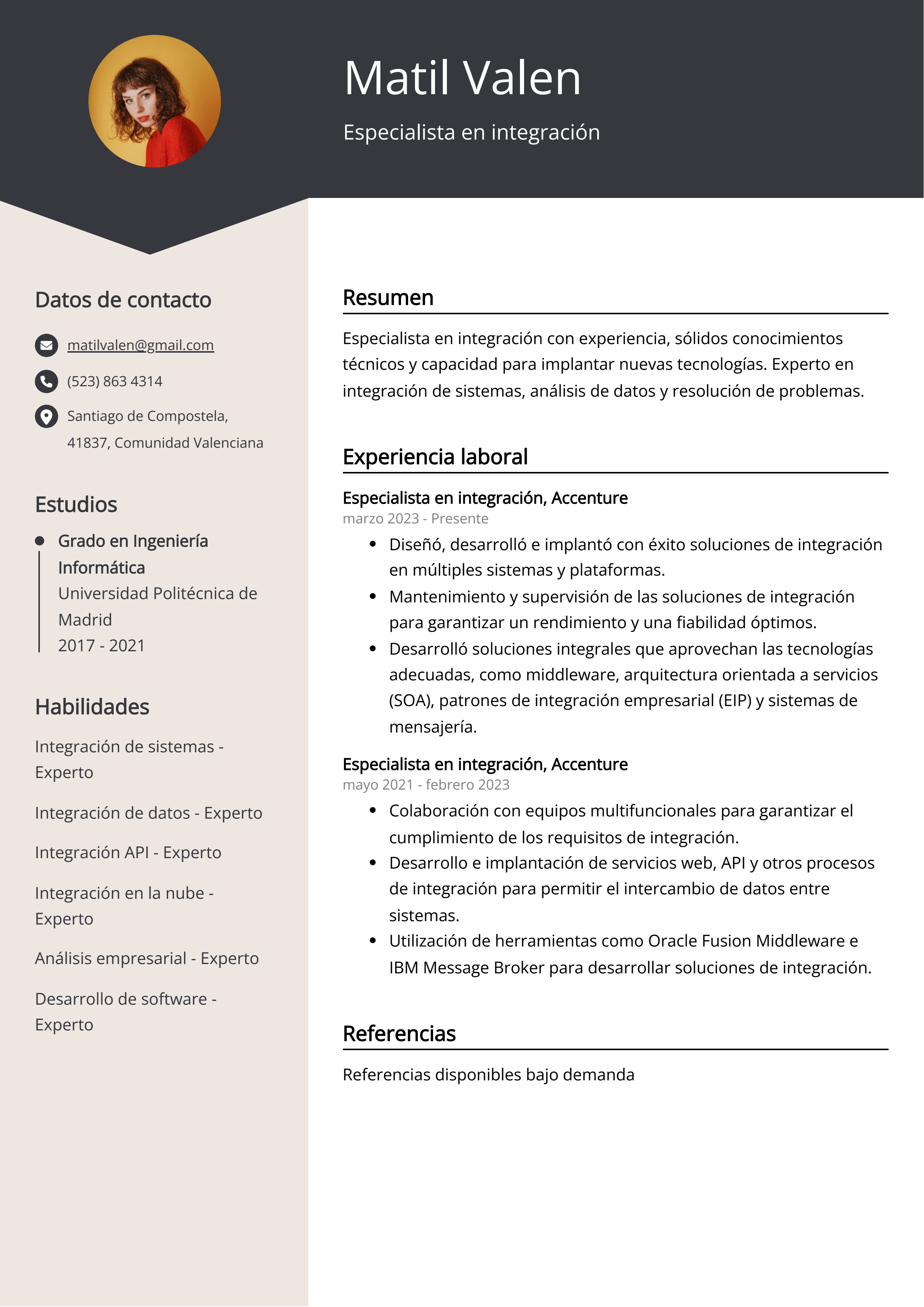 Especialista en integración Ejemplo de CV