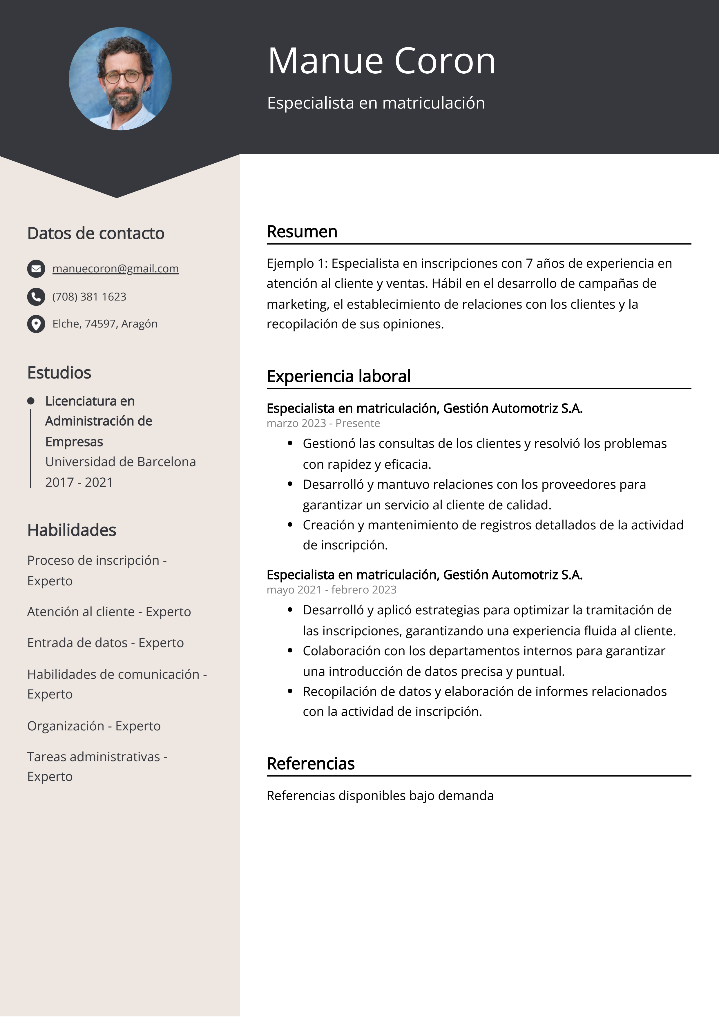 Especialista en matriculación Ejemplo de CV