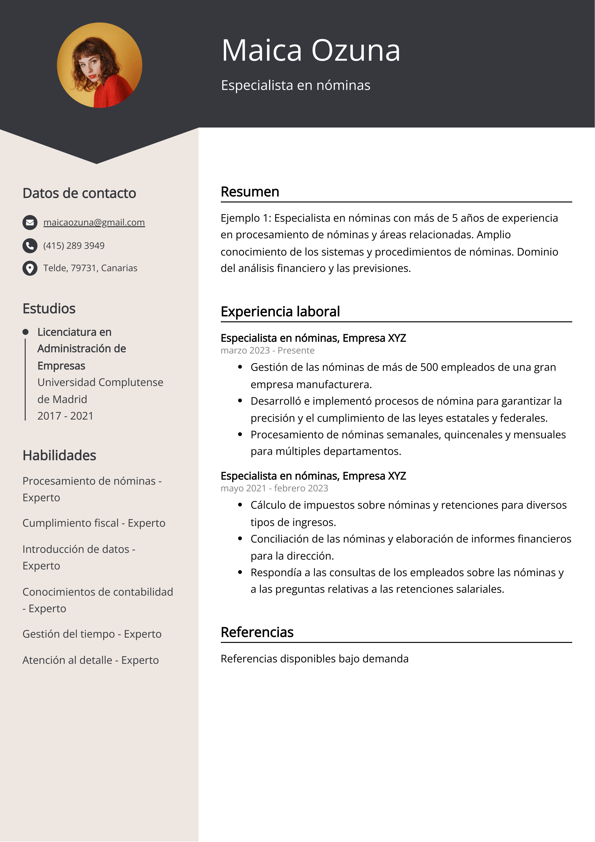 Especialista en nóminas Ejemplo de CV