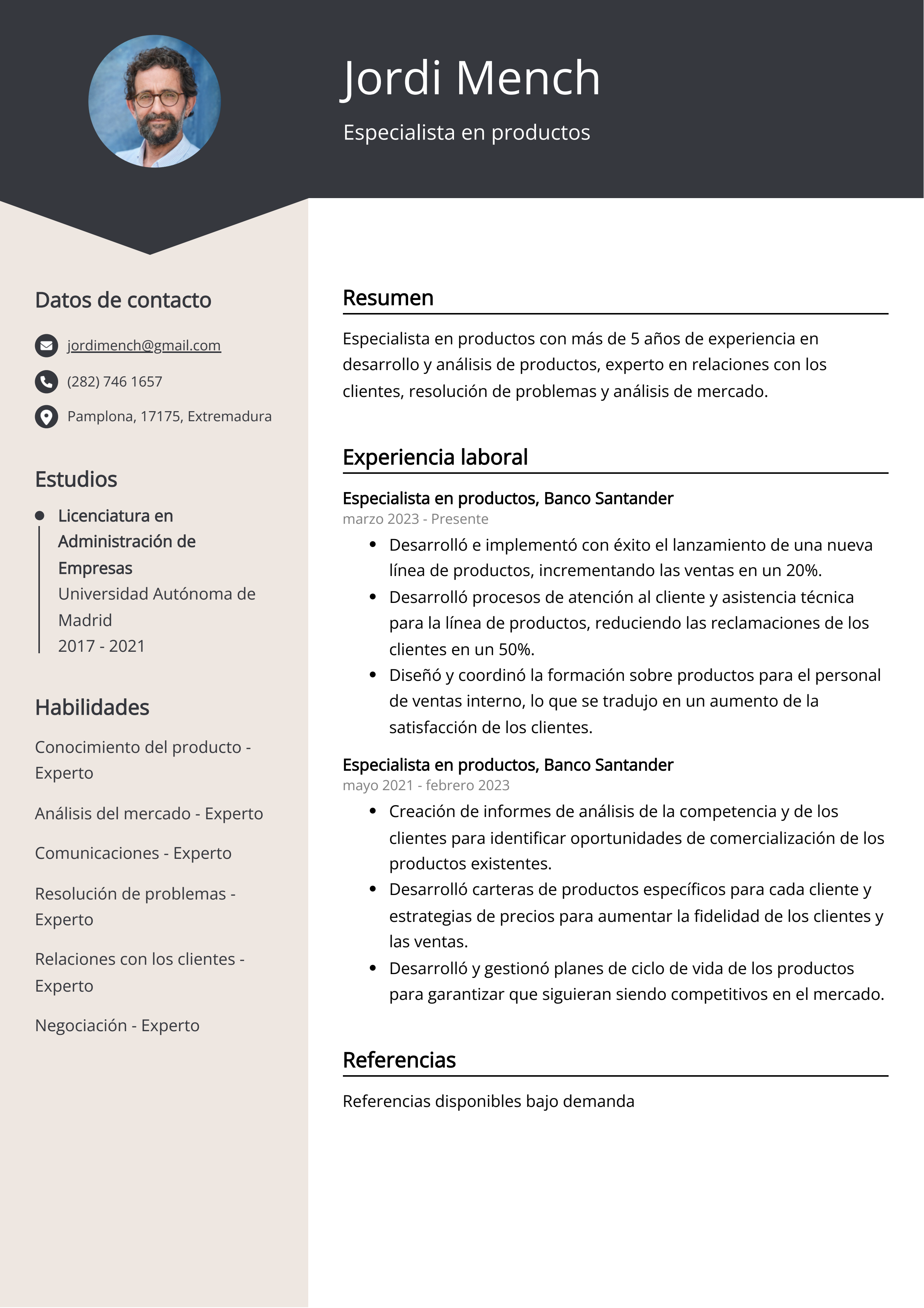 Especialista en productos Ejemplo de CV