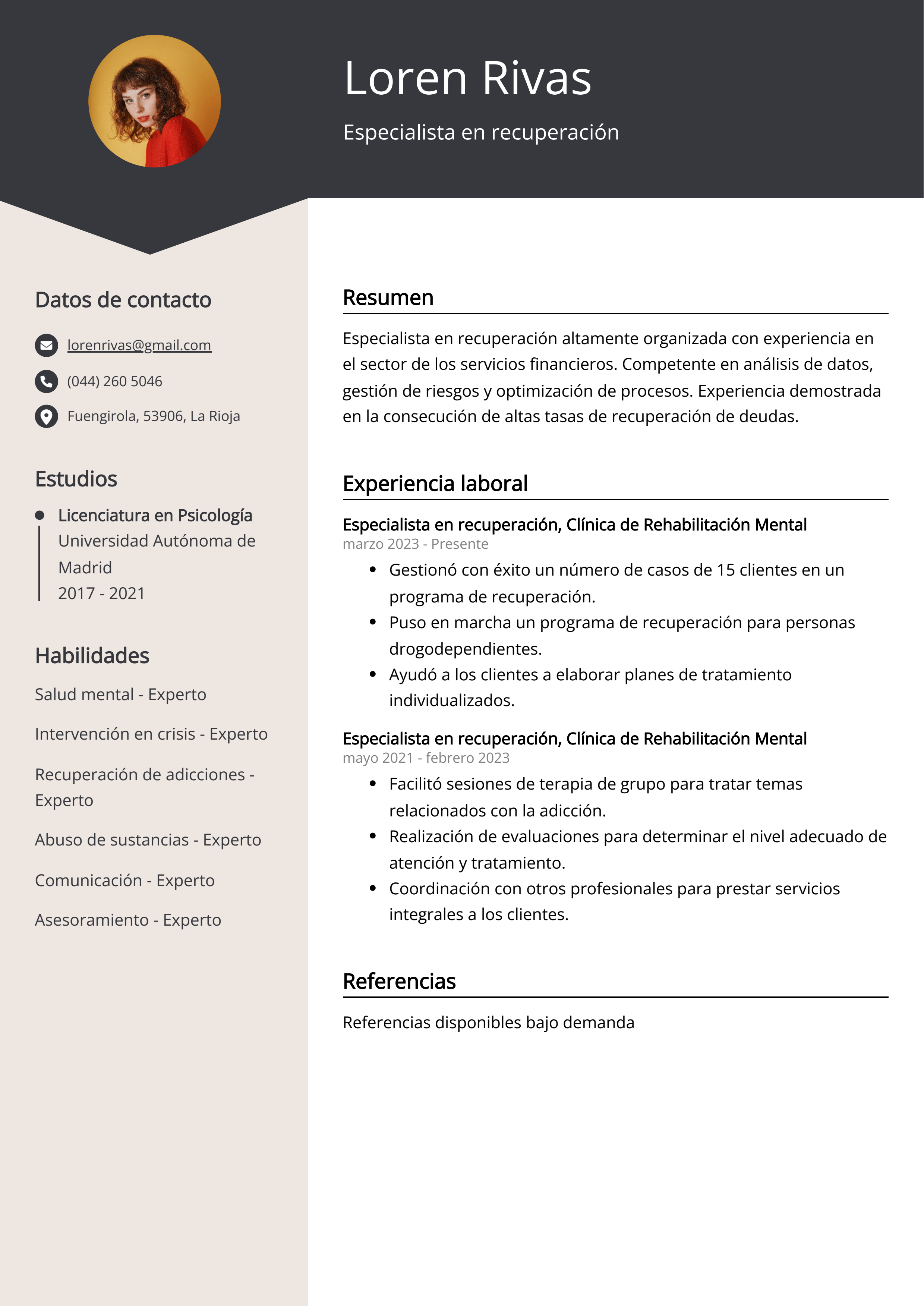 Especialista en recuperación Ejemplo de CV