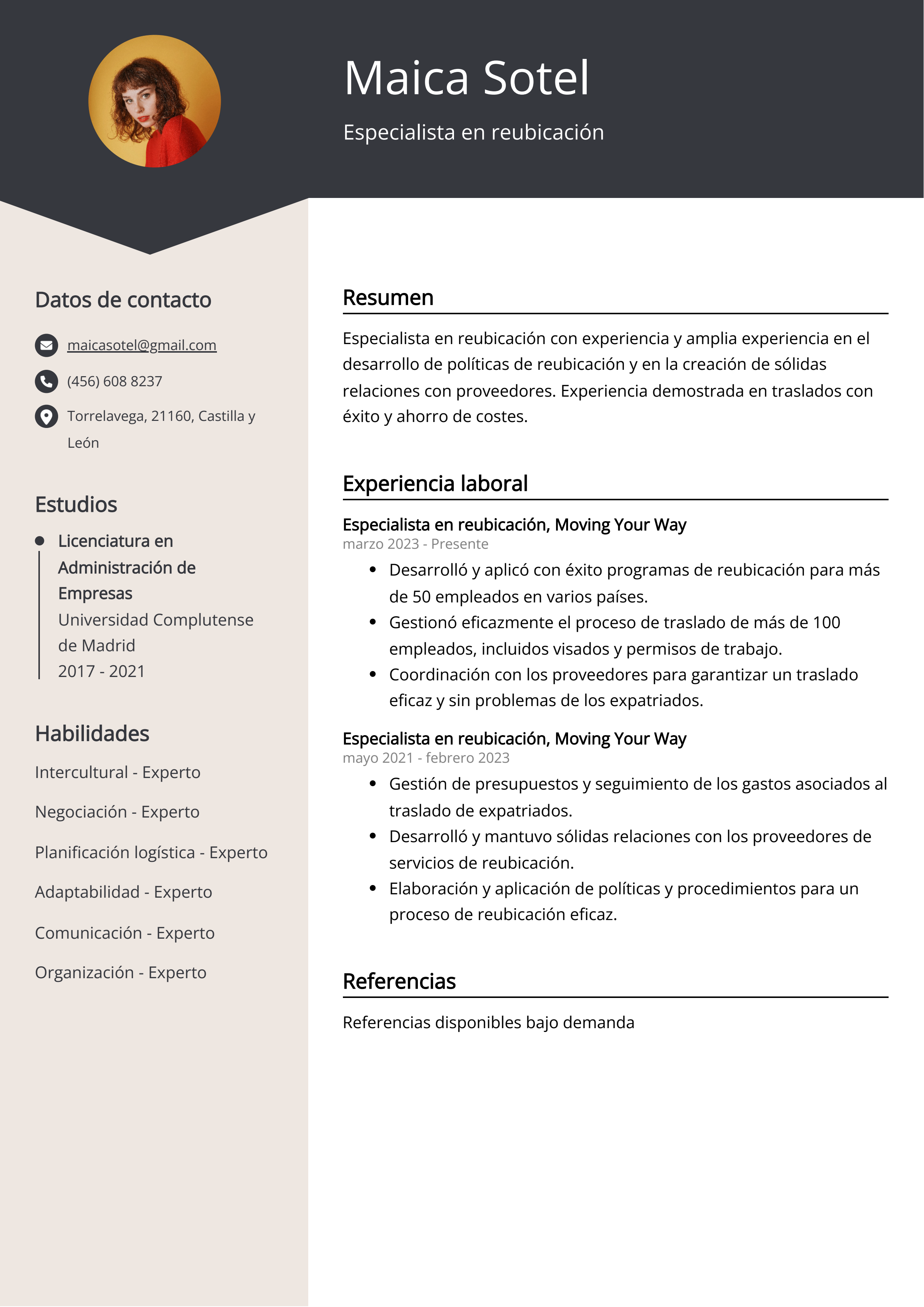 Especialista en reubicación Ejemplo de CV