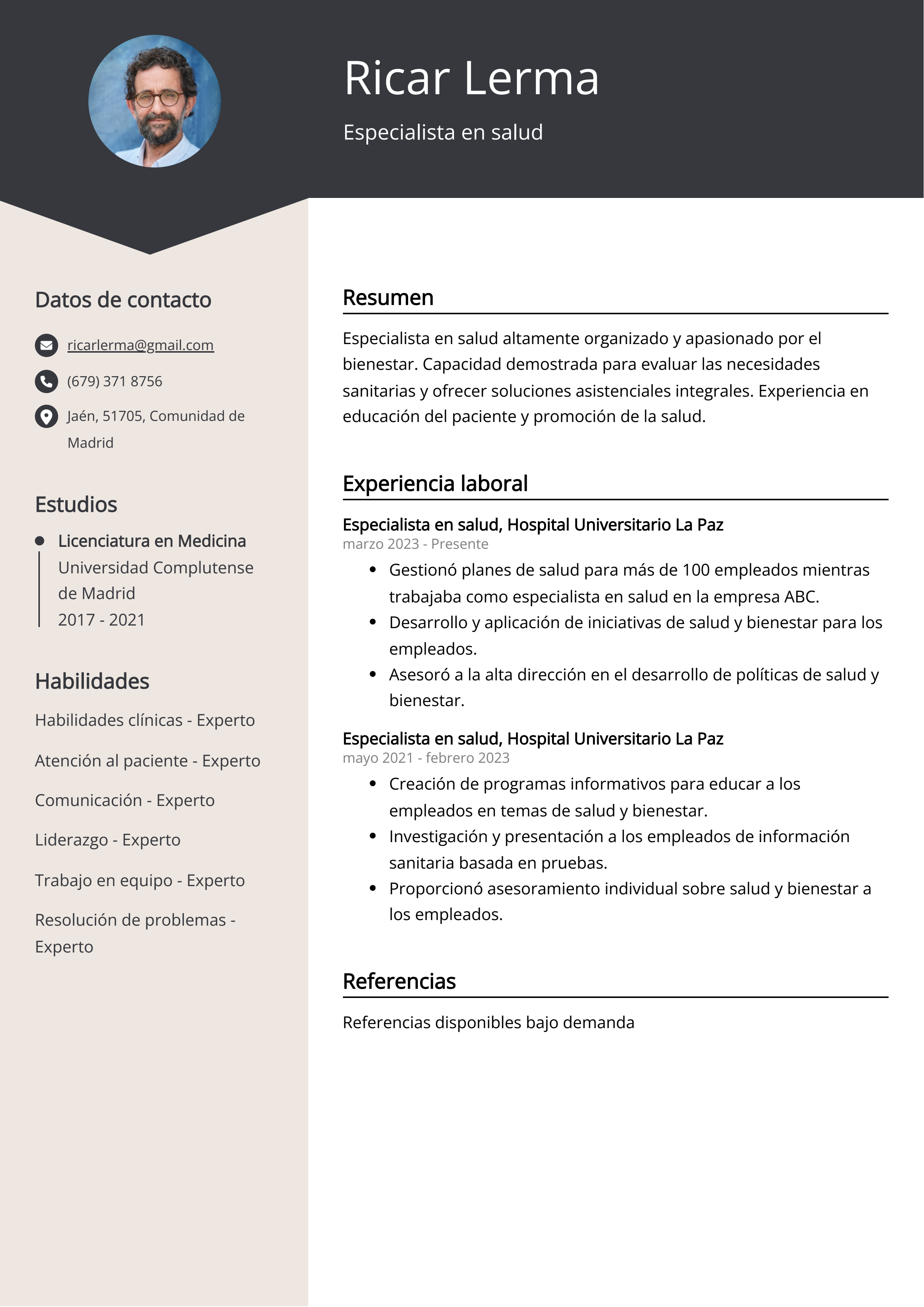 Especialista en salud Ejemplo de CV