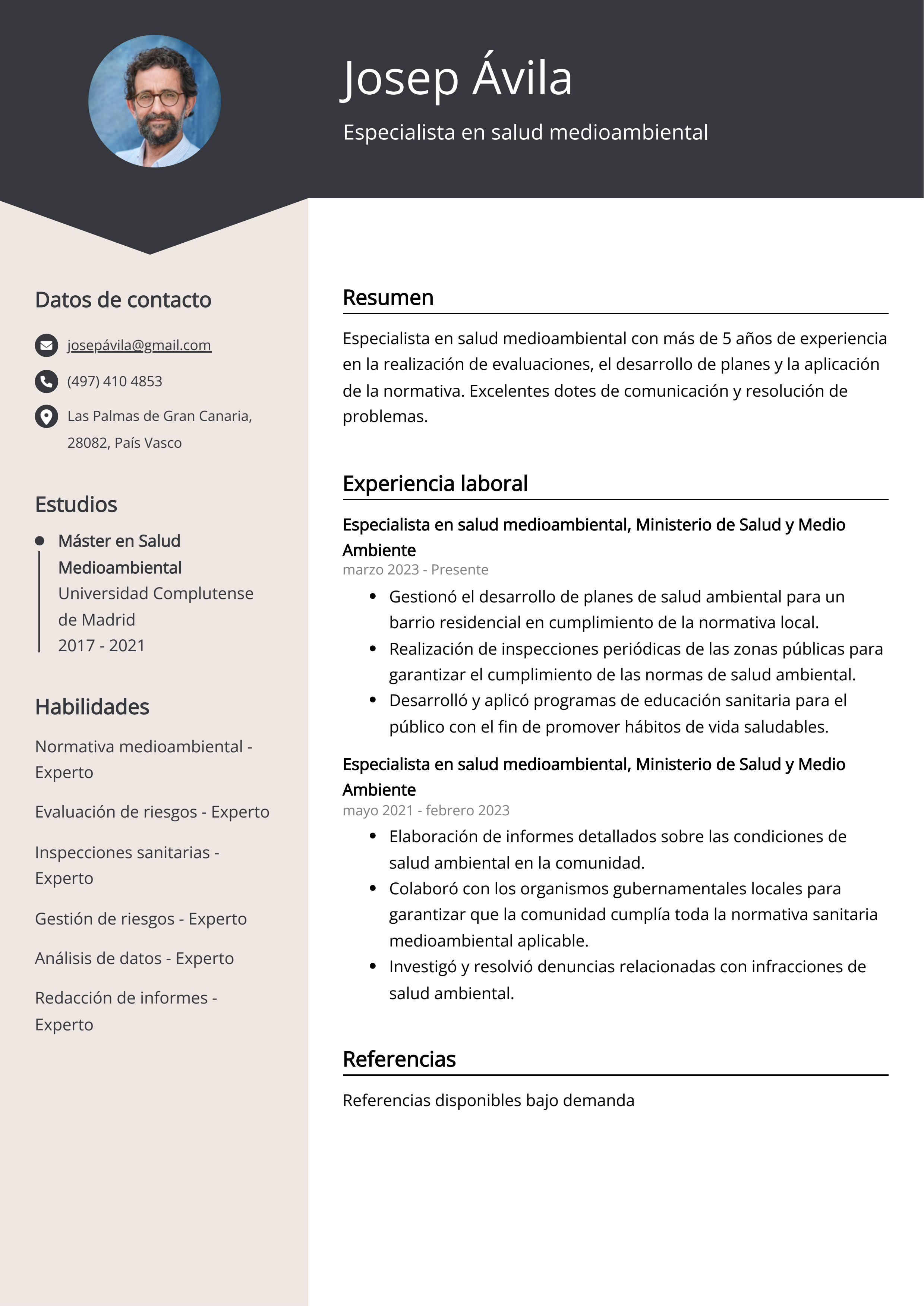 Especialista en salud medioambiental Ejemplo de CV