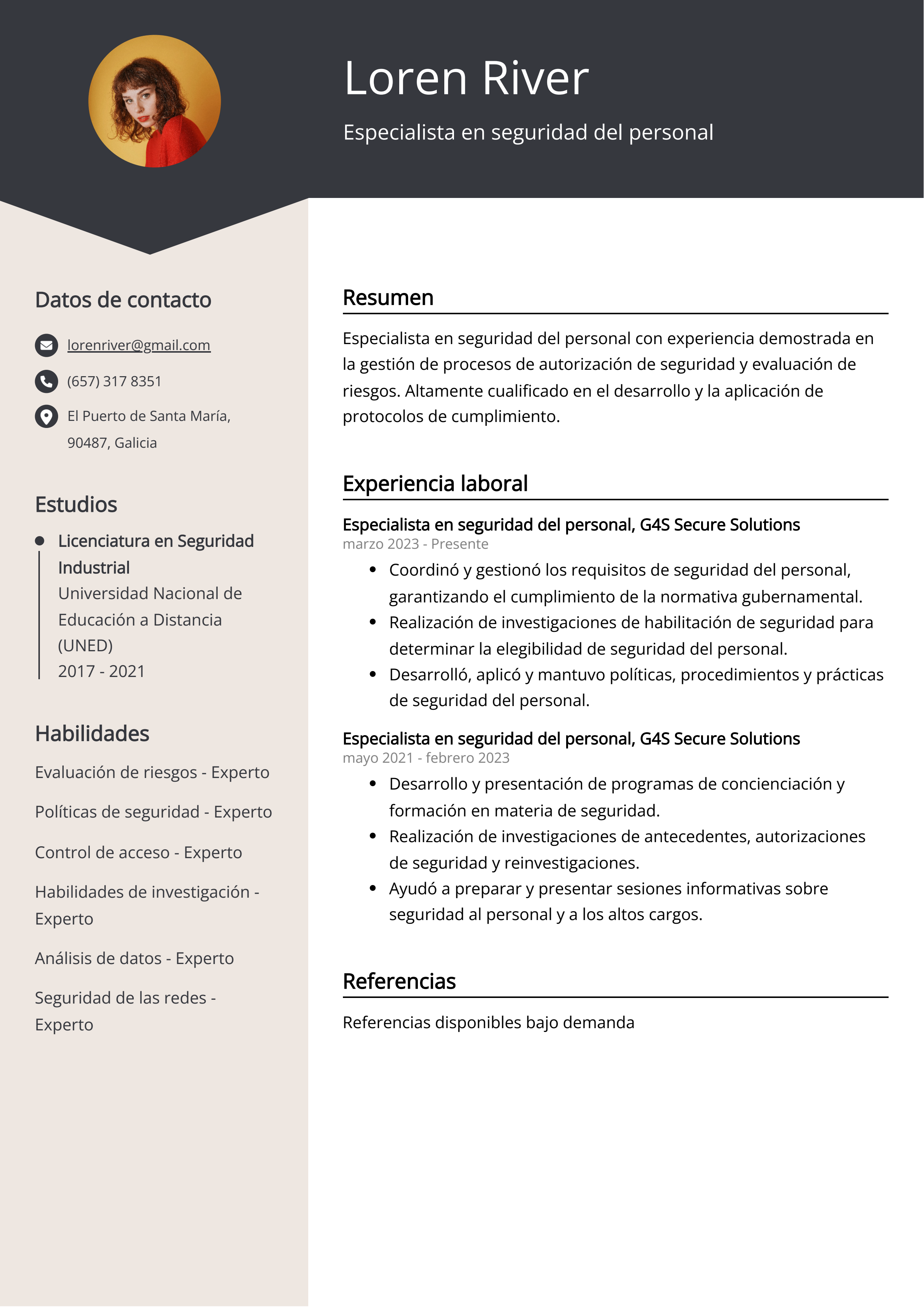 Especialista en seguridad del personal Ejemplo de CV