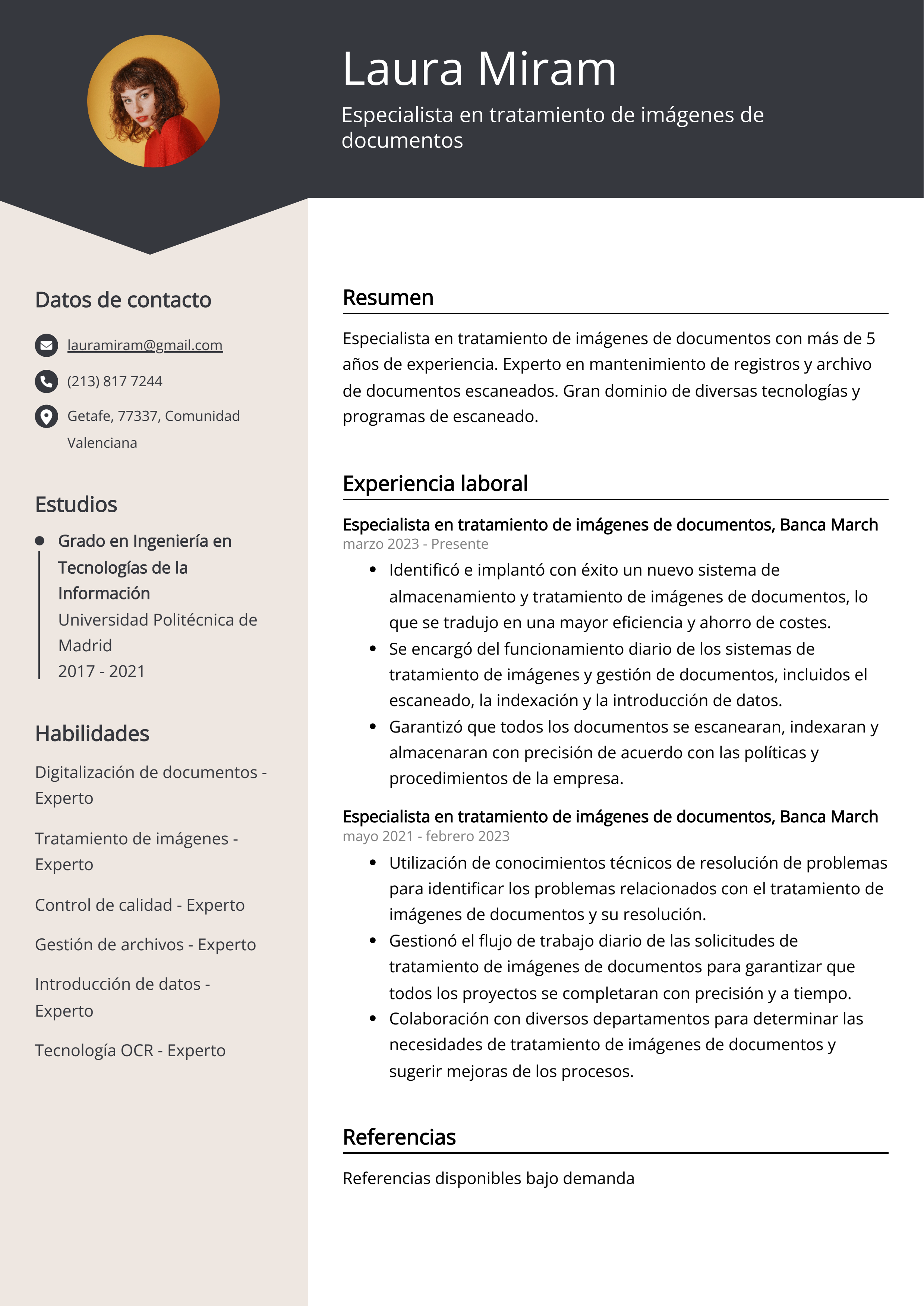 Especialista en tratamiento de imágenes de documentos Ejemplo de CV