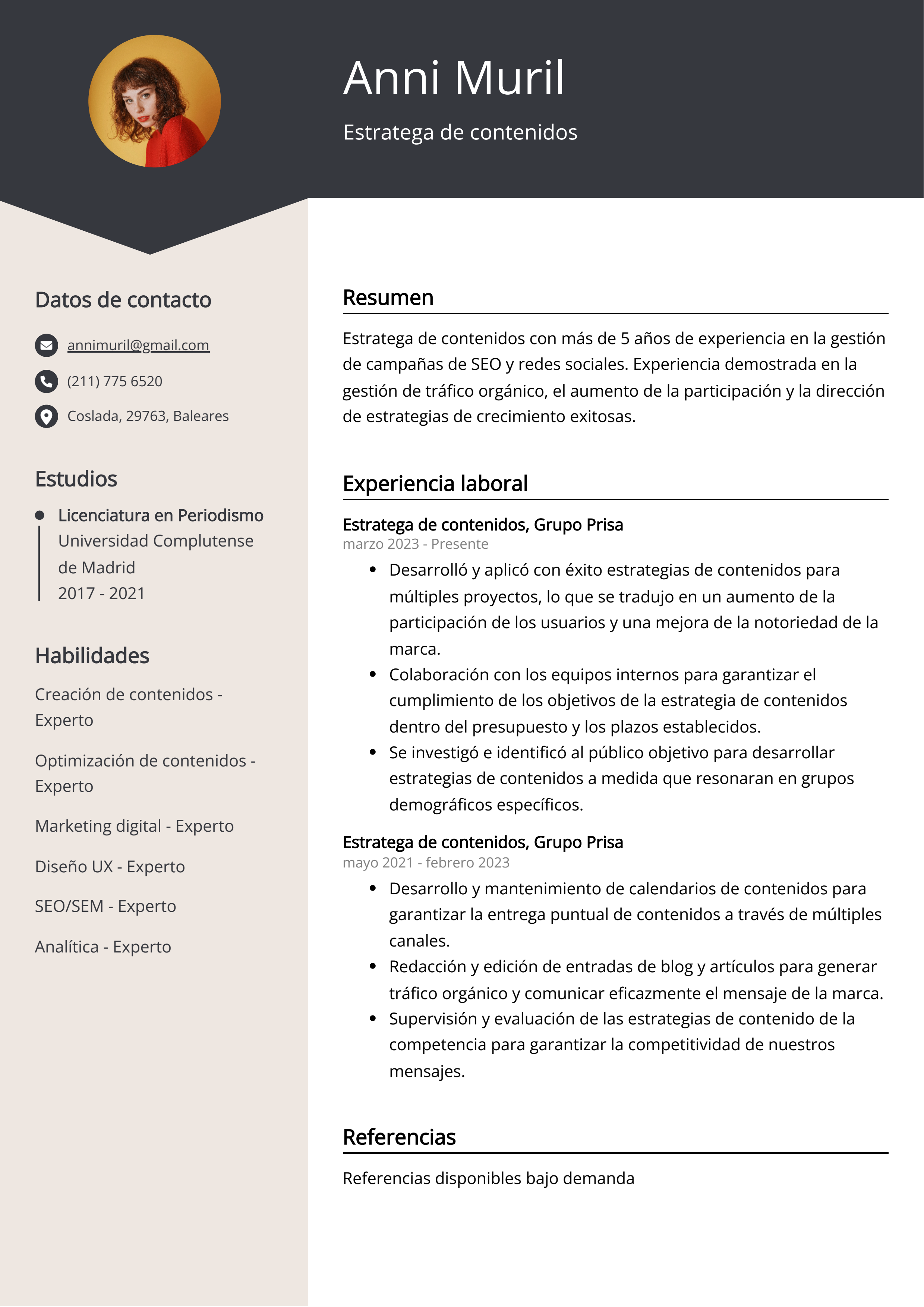 Estratega de contenidos Ejemplo de CV