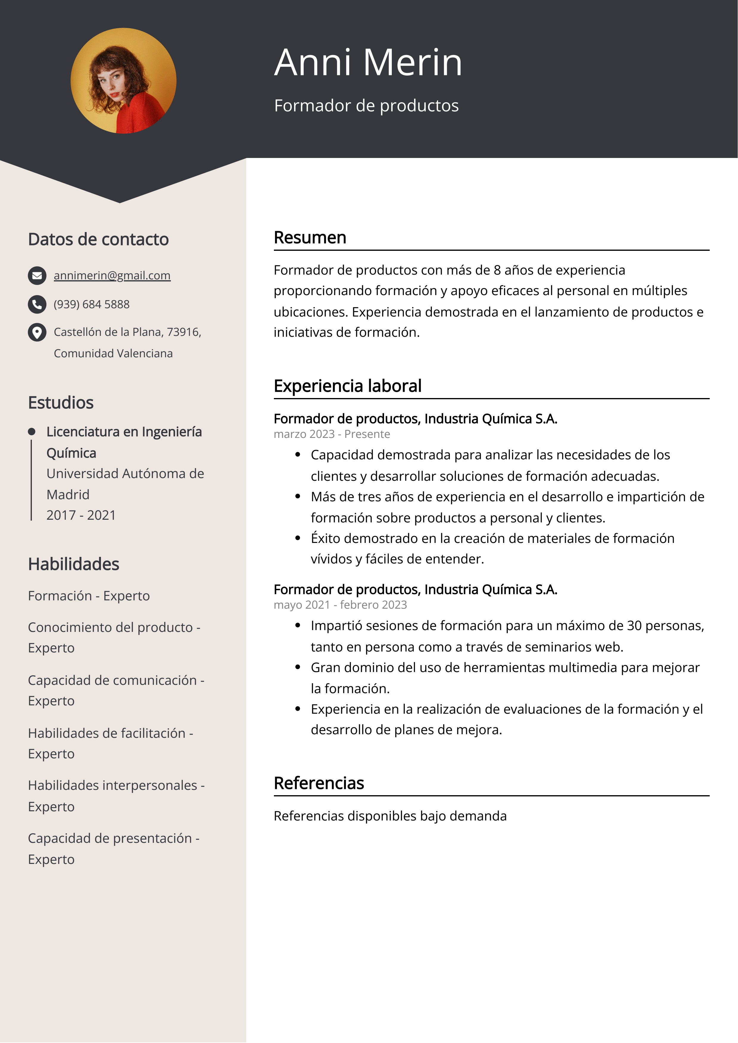 Formador de productos Ejemplo de CV