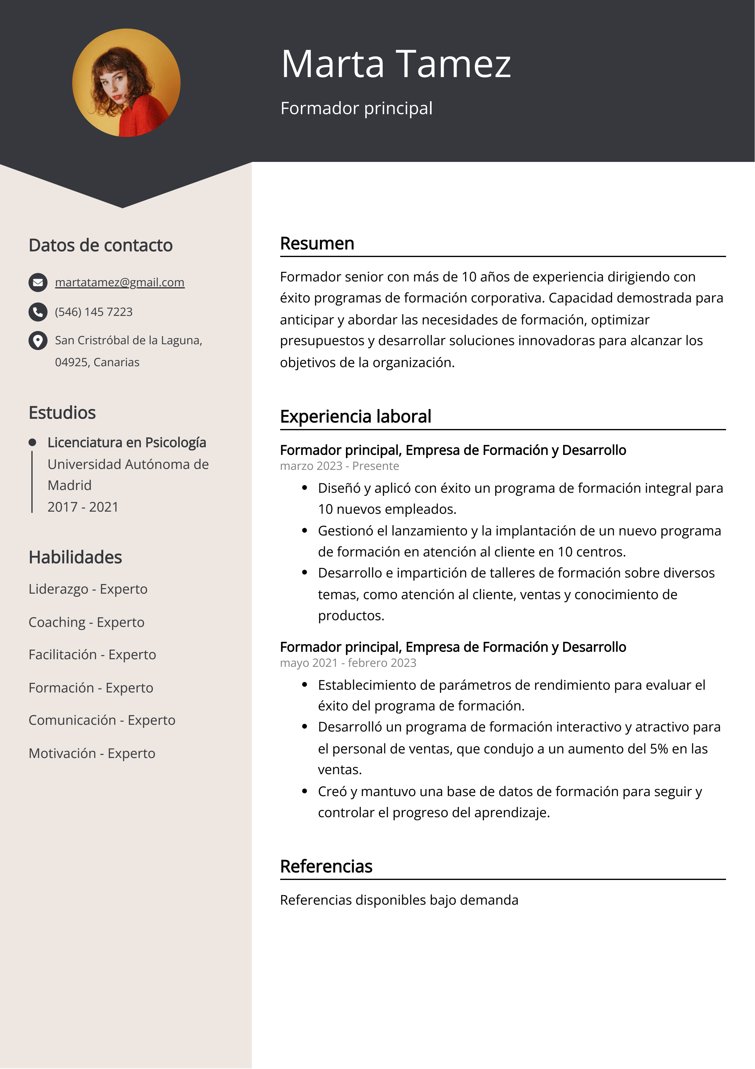 Formador principal Ejemplo de currículum