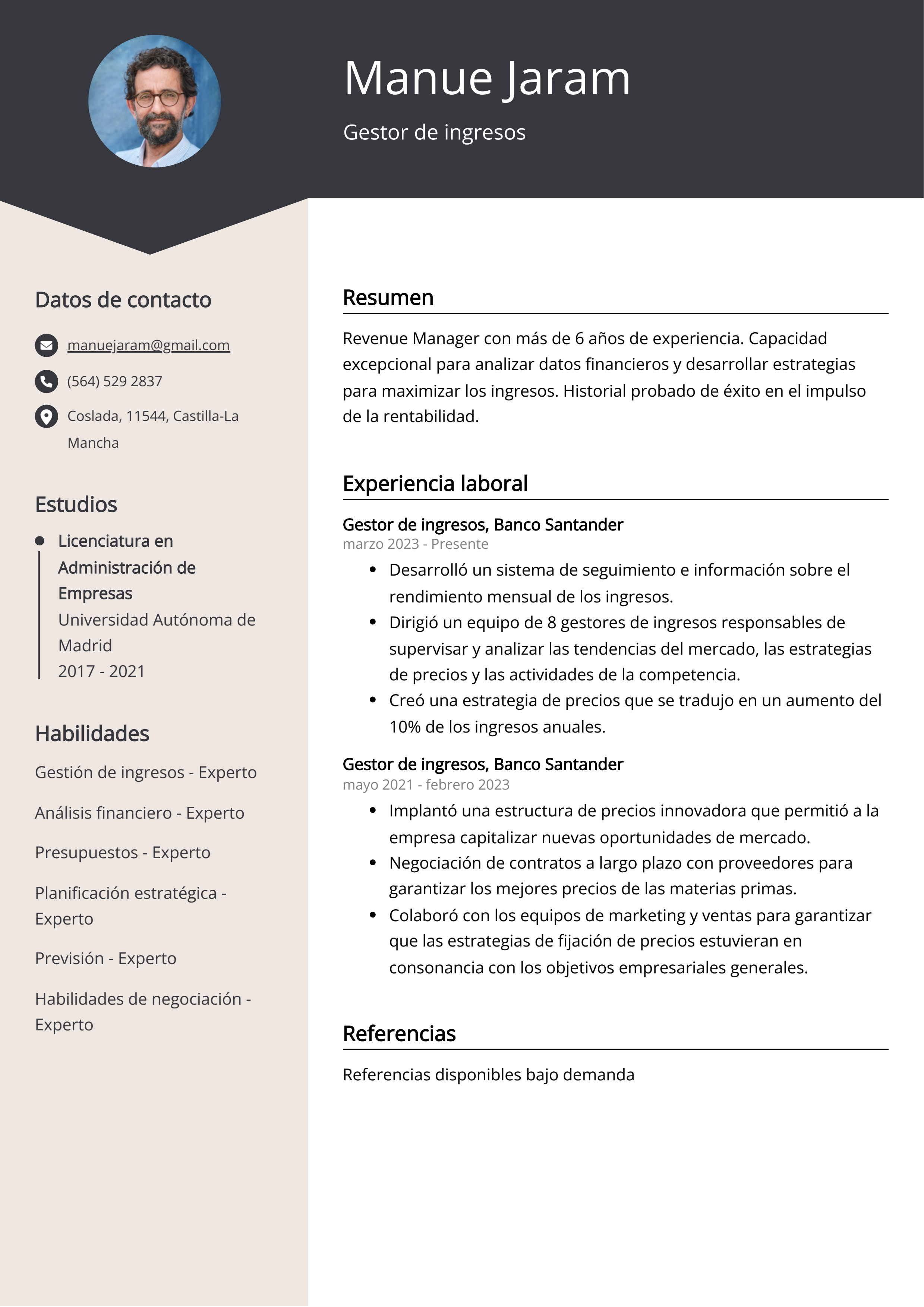 Gestor de ingresos Ejemplo de CV