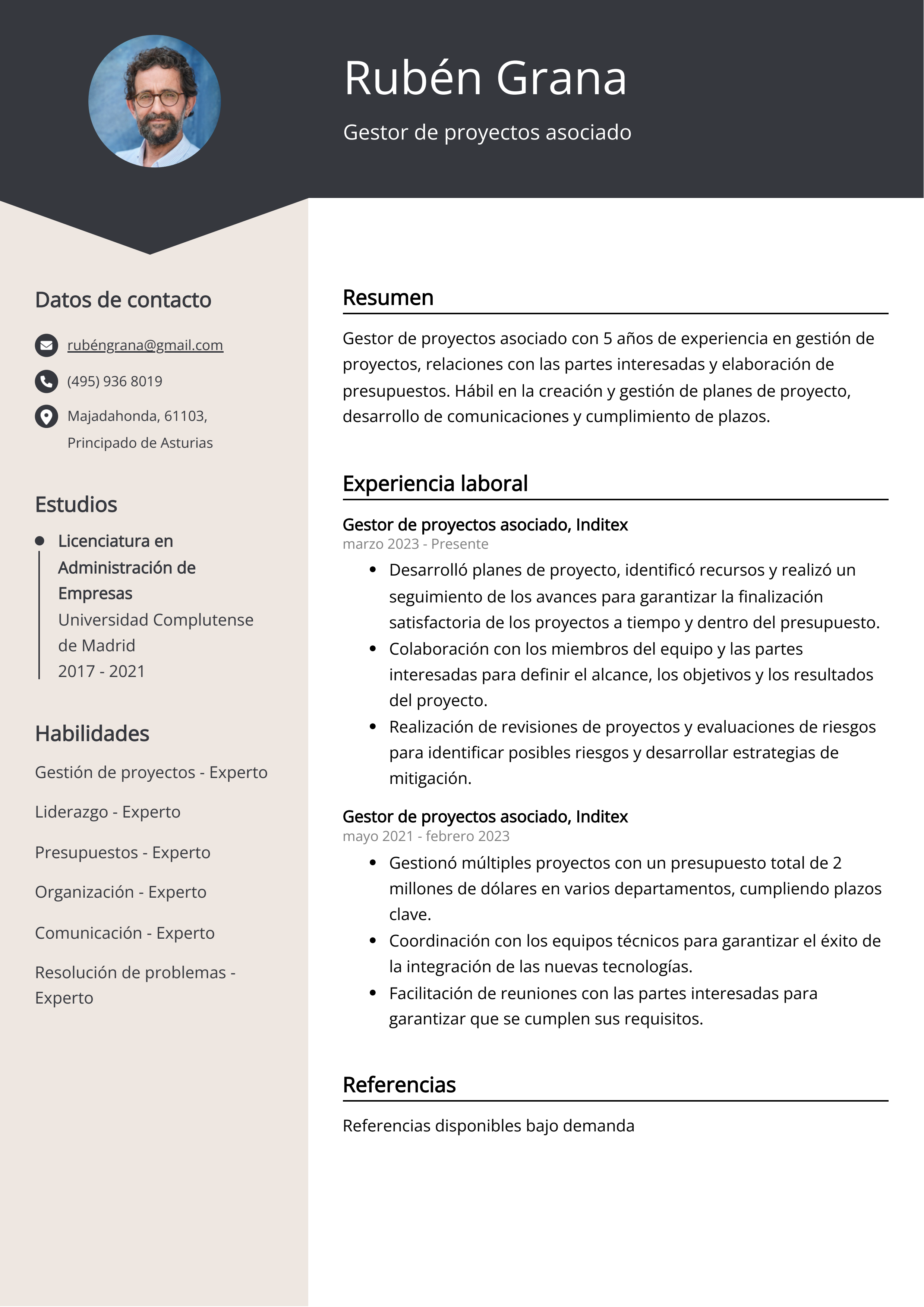 Gestor de proyectos asociado Ejemplo de CV