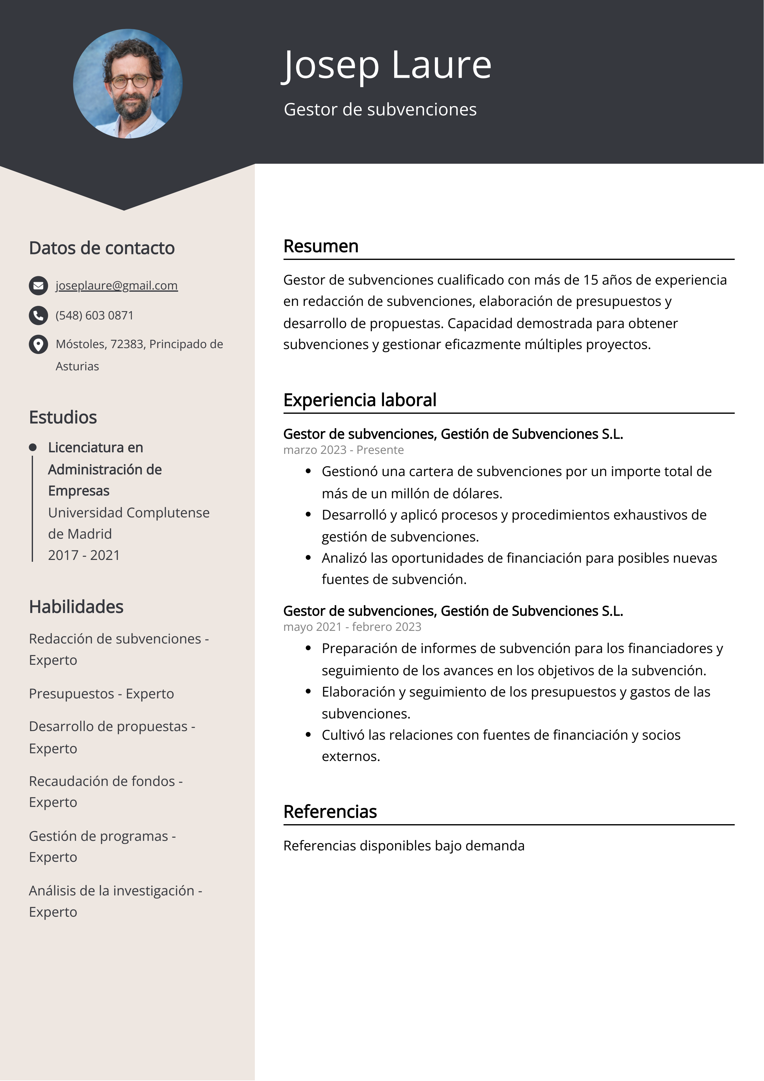 Gestor de subvenciones Ejemplo de CV