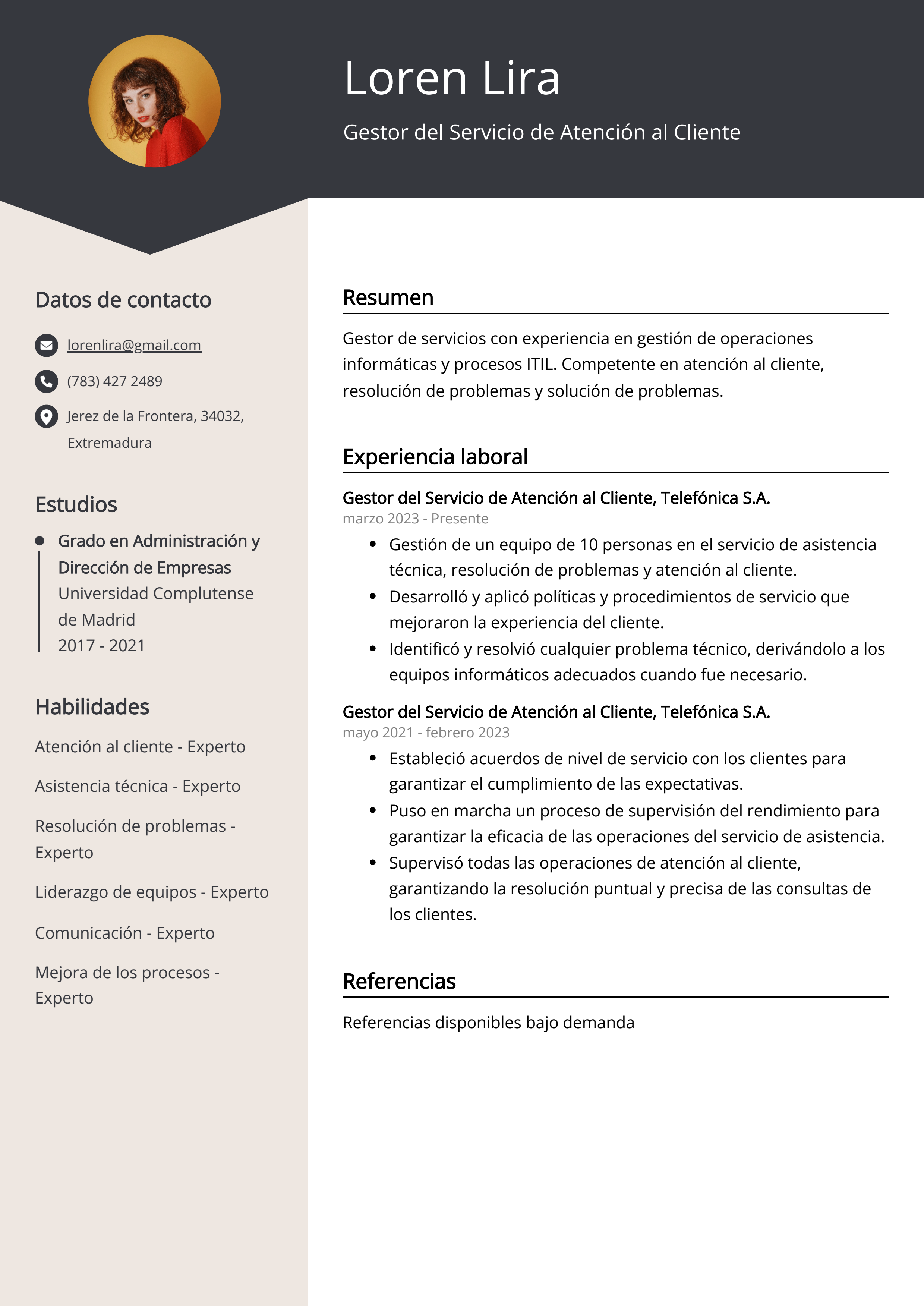 Gestor del Servicio de Atención al Cliente Ejemplo de Curriculum Vitae