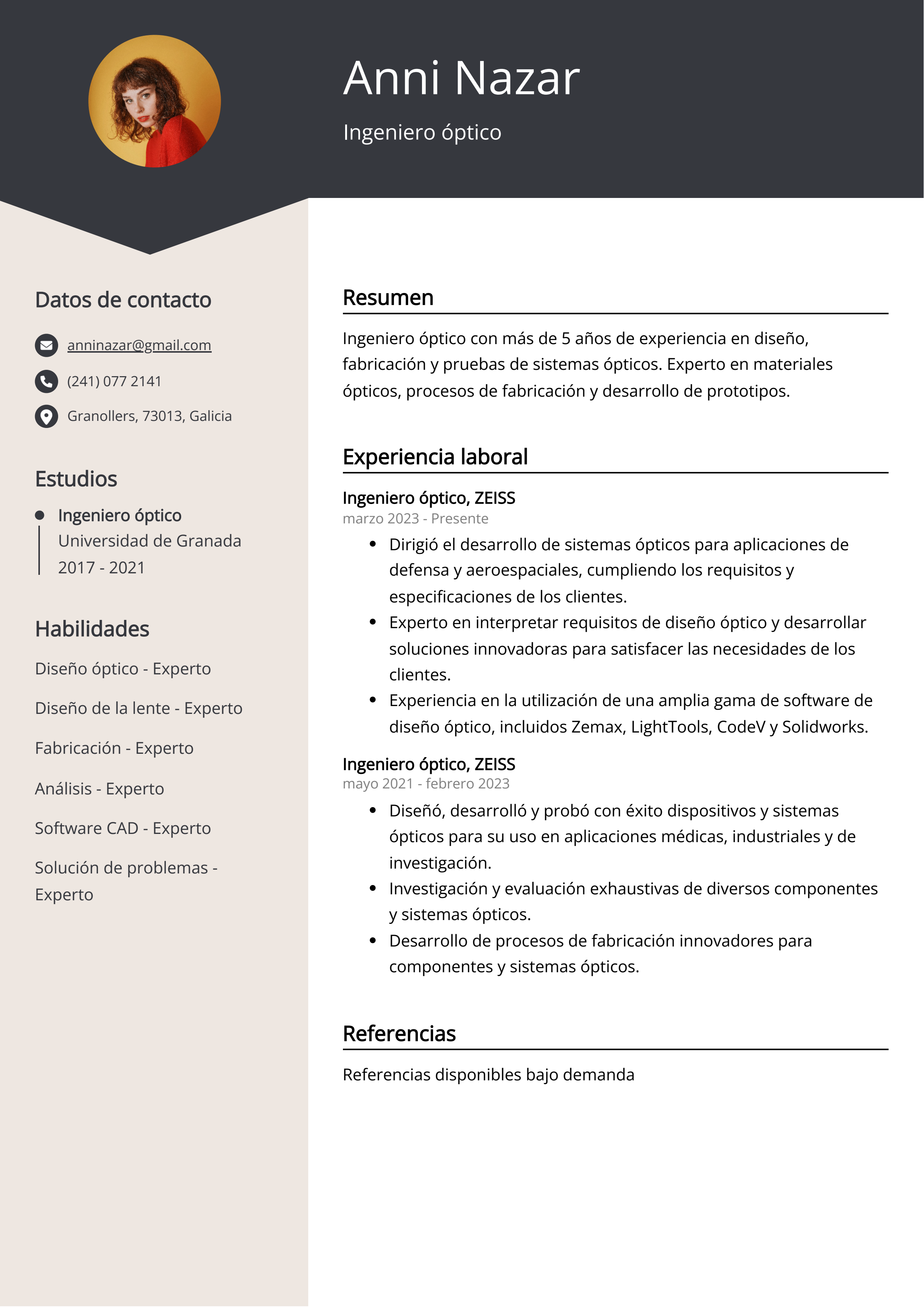 Ingeniero óptico Ejemplo de CV