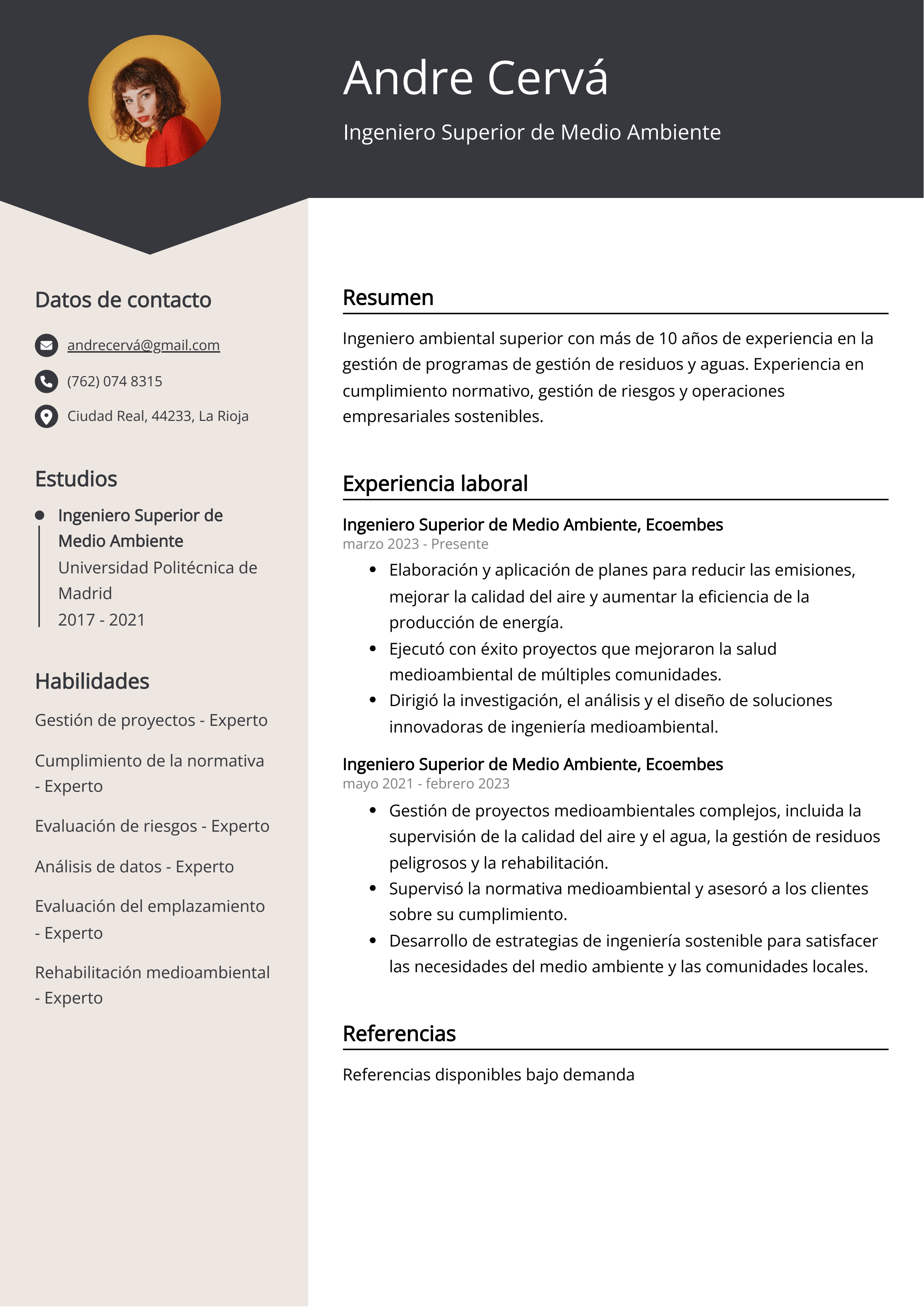 Ingeniero Superior de Medio Ambiente Ejemplo de Curriculum Vitae