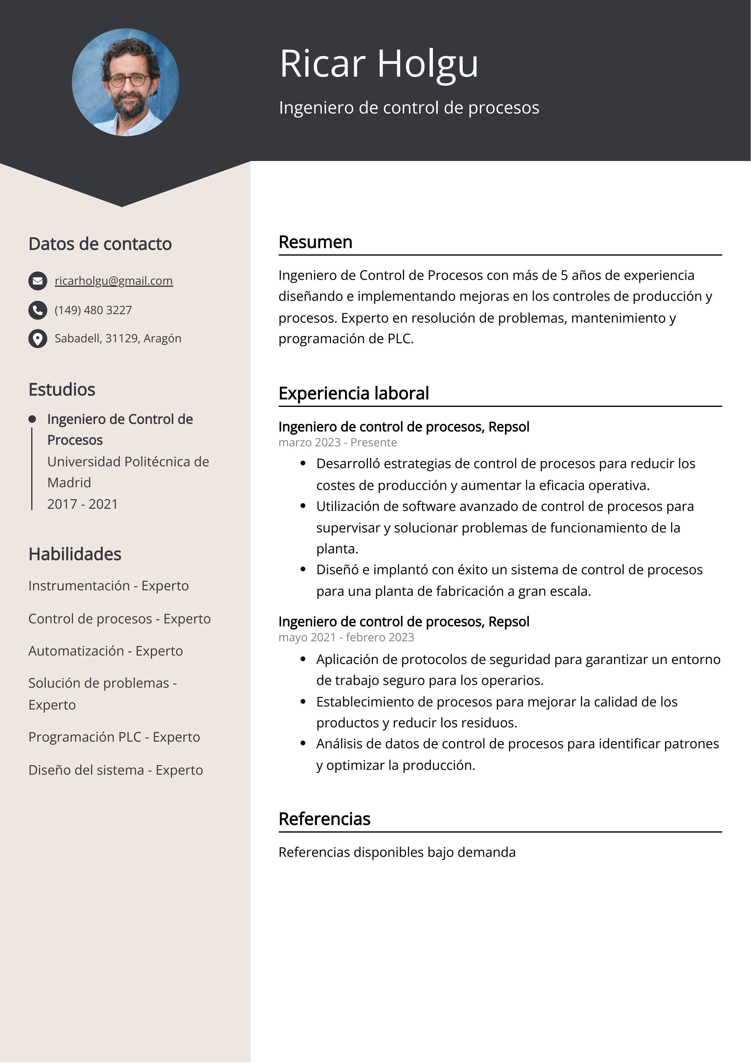 Ingeniero de control de procesos Ejemplo de CV