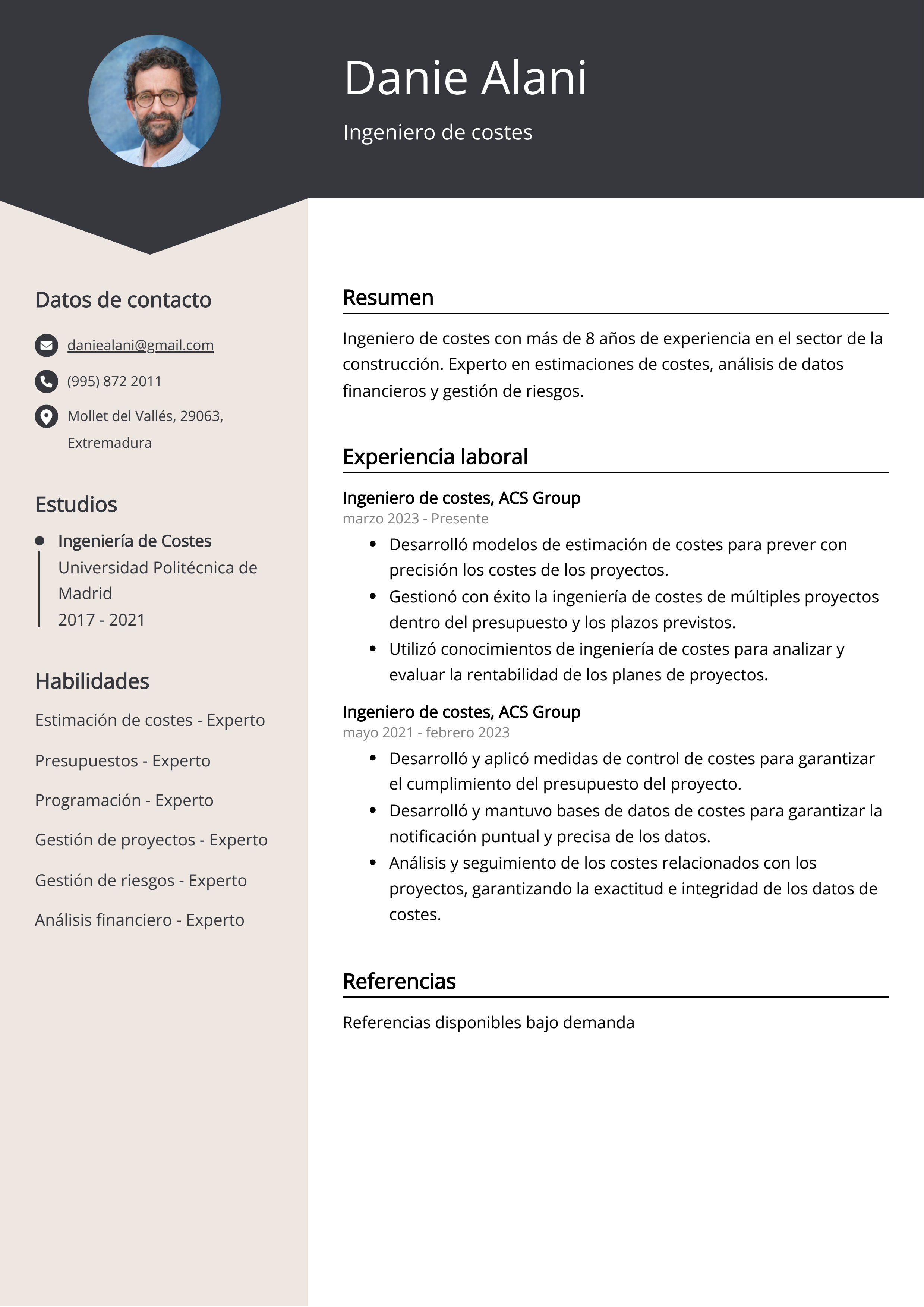 Ingeniero de costes Ejemplo de CV