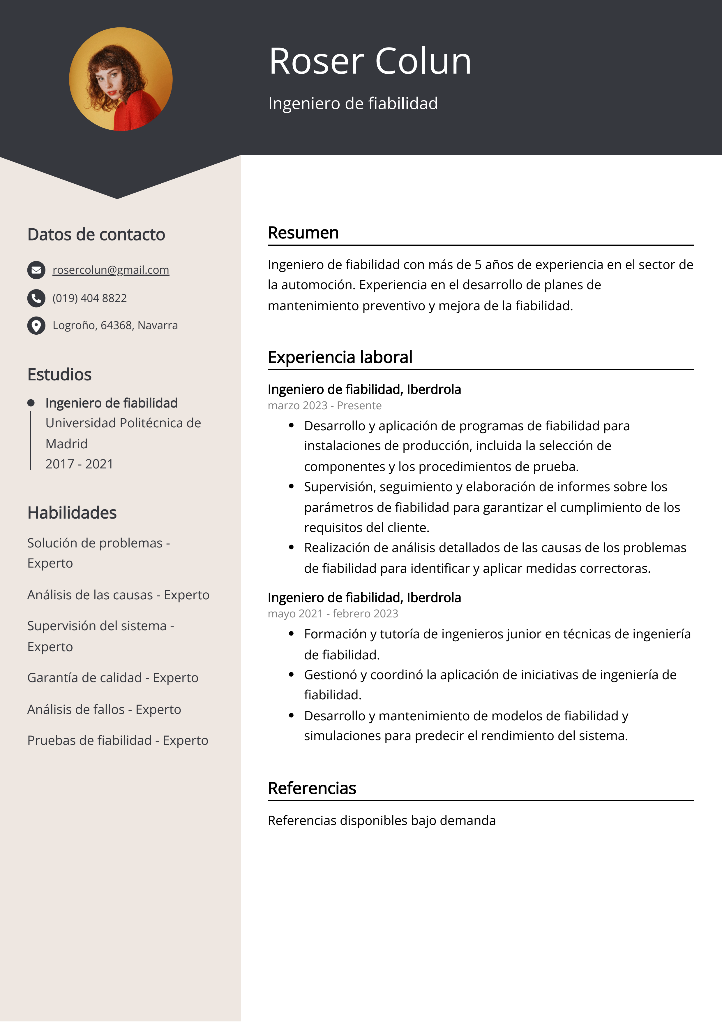 Ingeniero de fiabilidad Ejemplo de CV