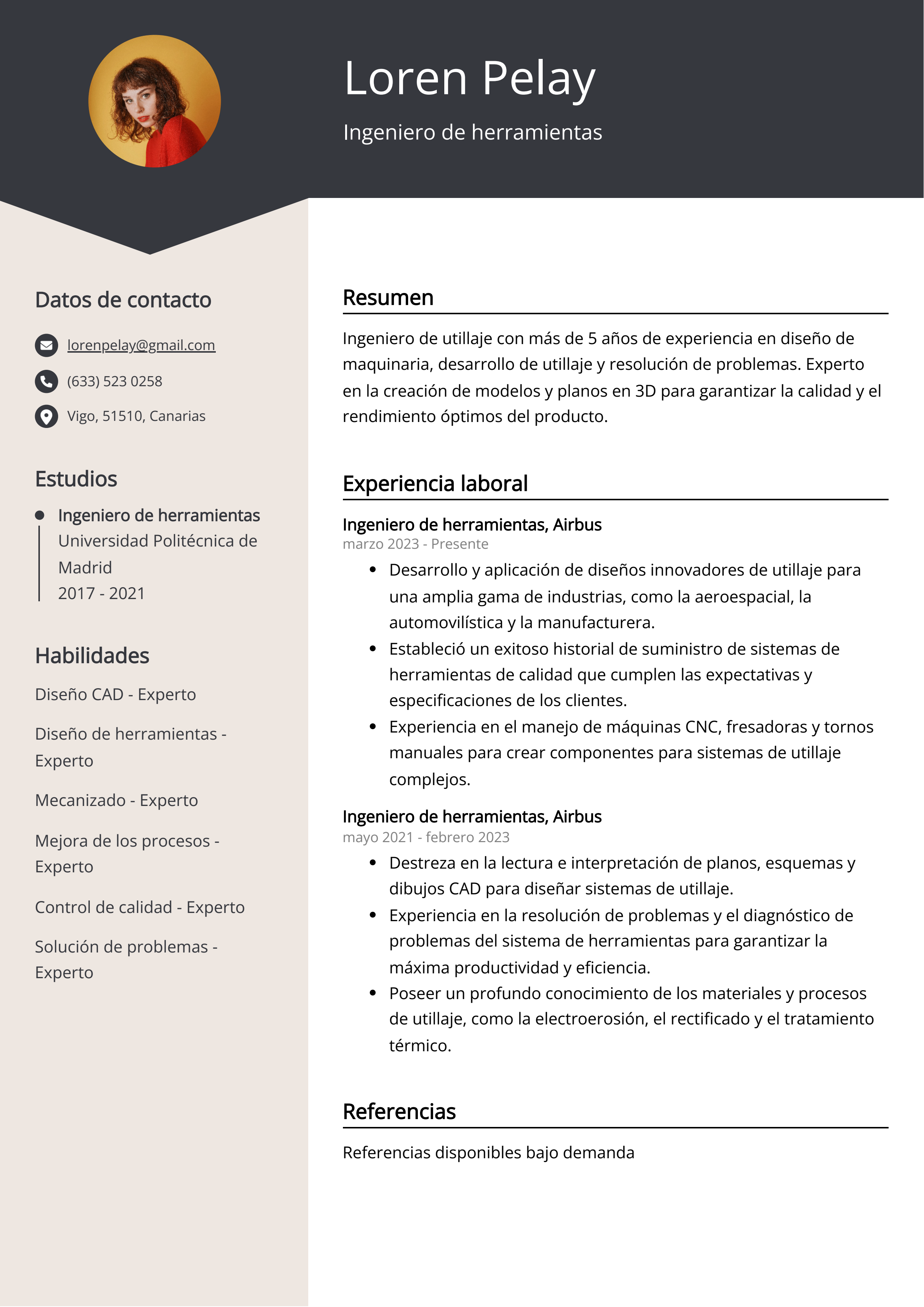 Ingeniero de herramientas Ejemplo de CV