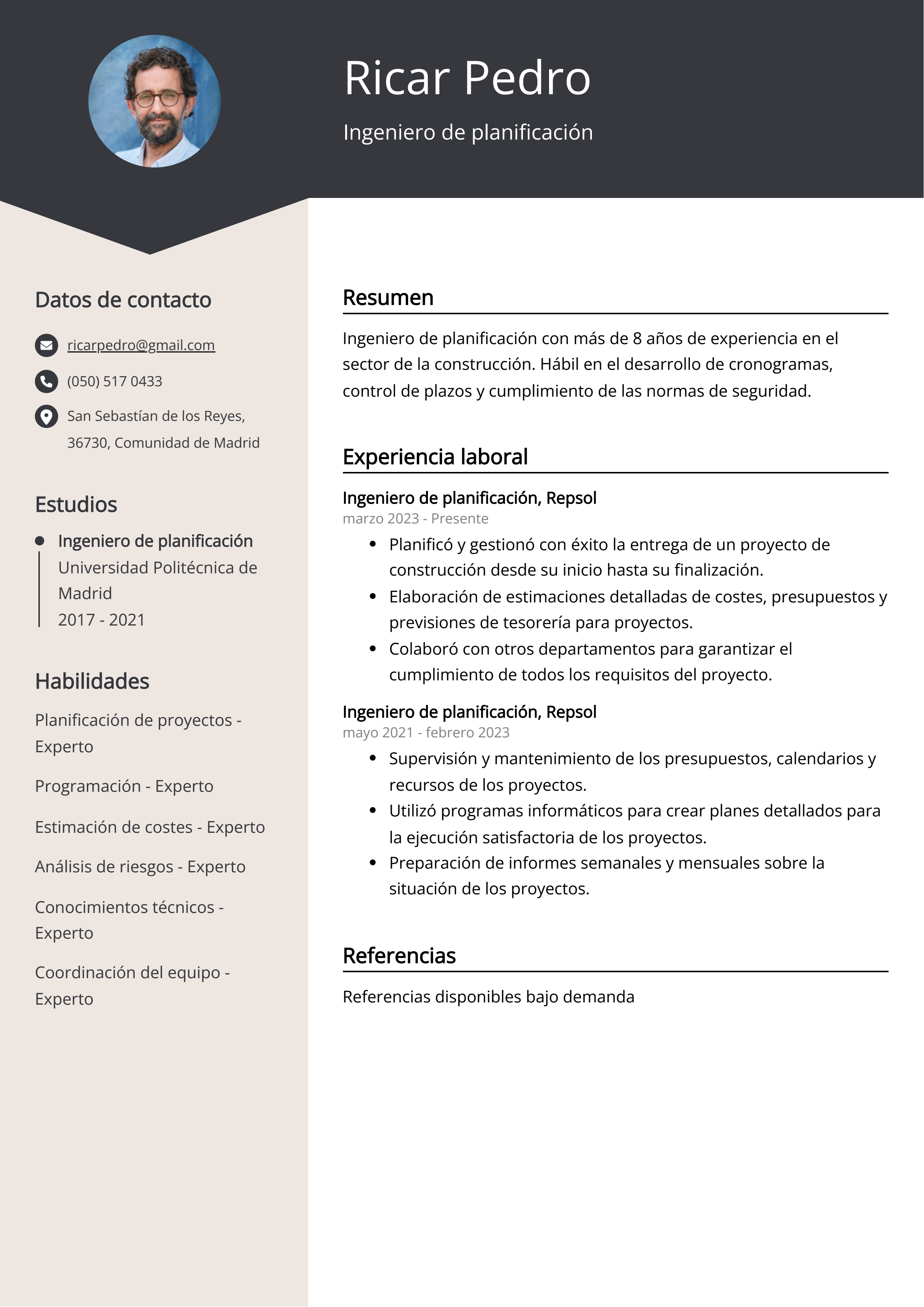 Ingeniero de planificación Ejemplo de CV