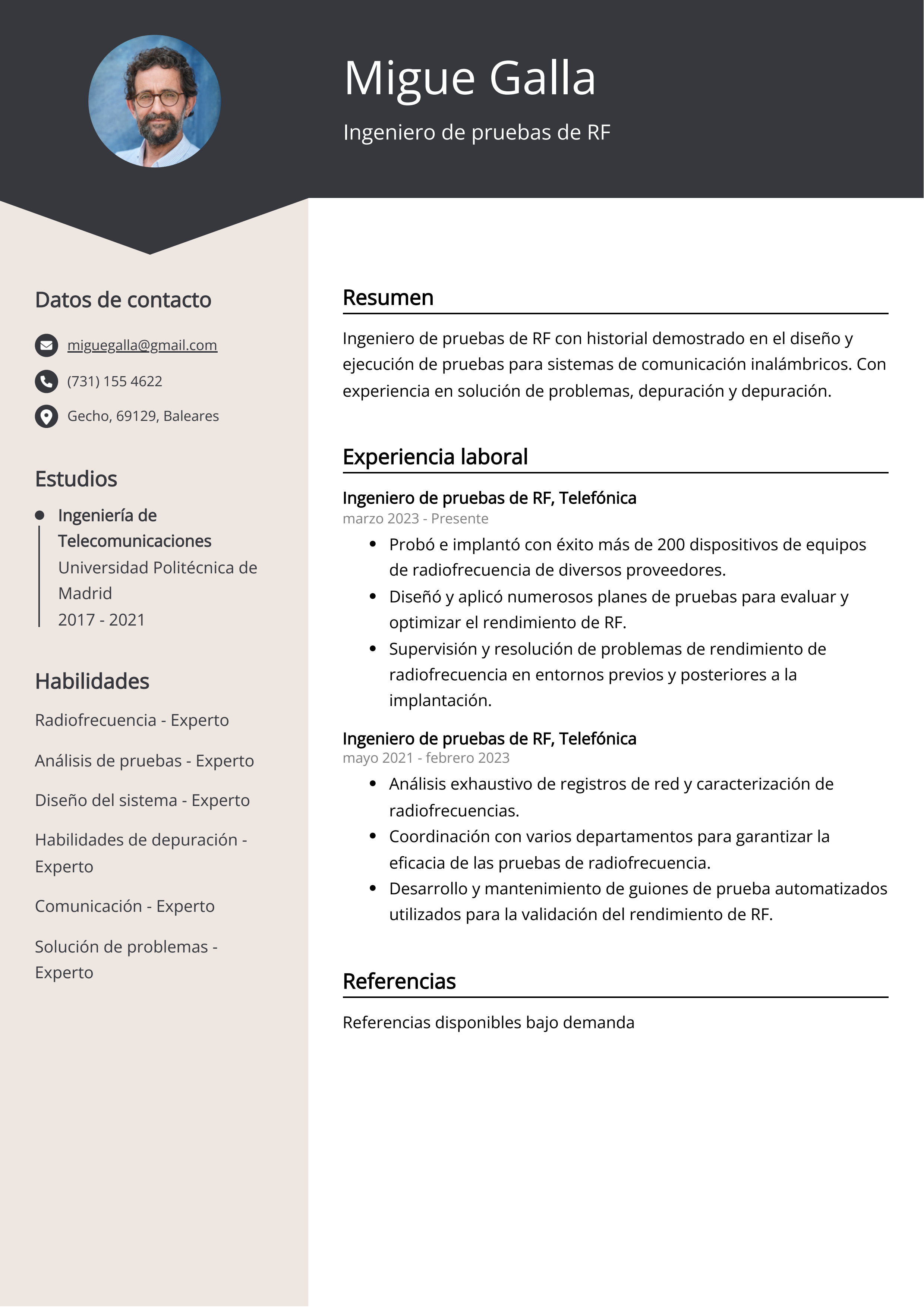 Ingeniero de pruebas de RF Ejemplo de CV