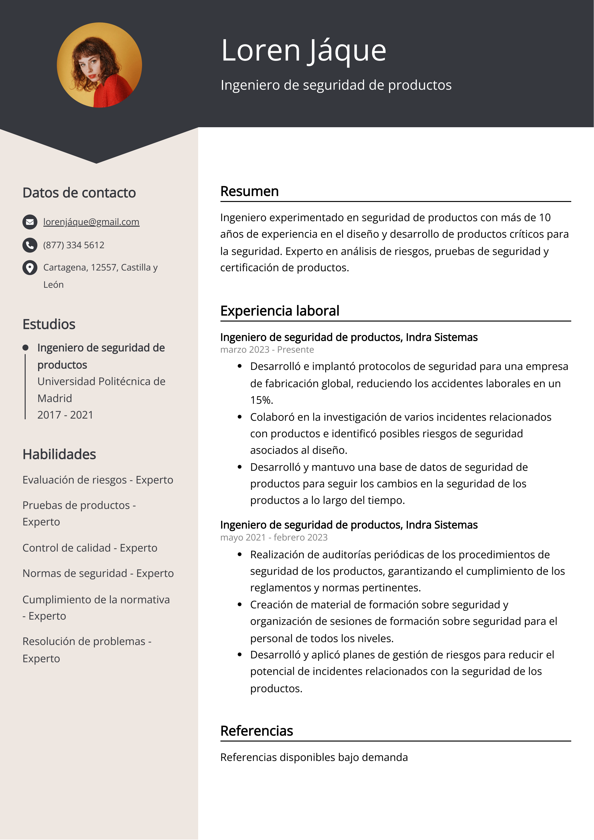 Ingeniero de seguridad de productos Ejemplo de CV