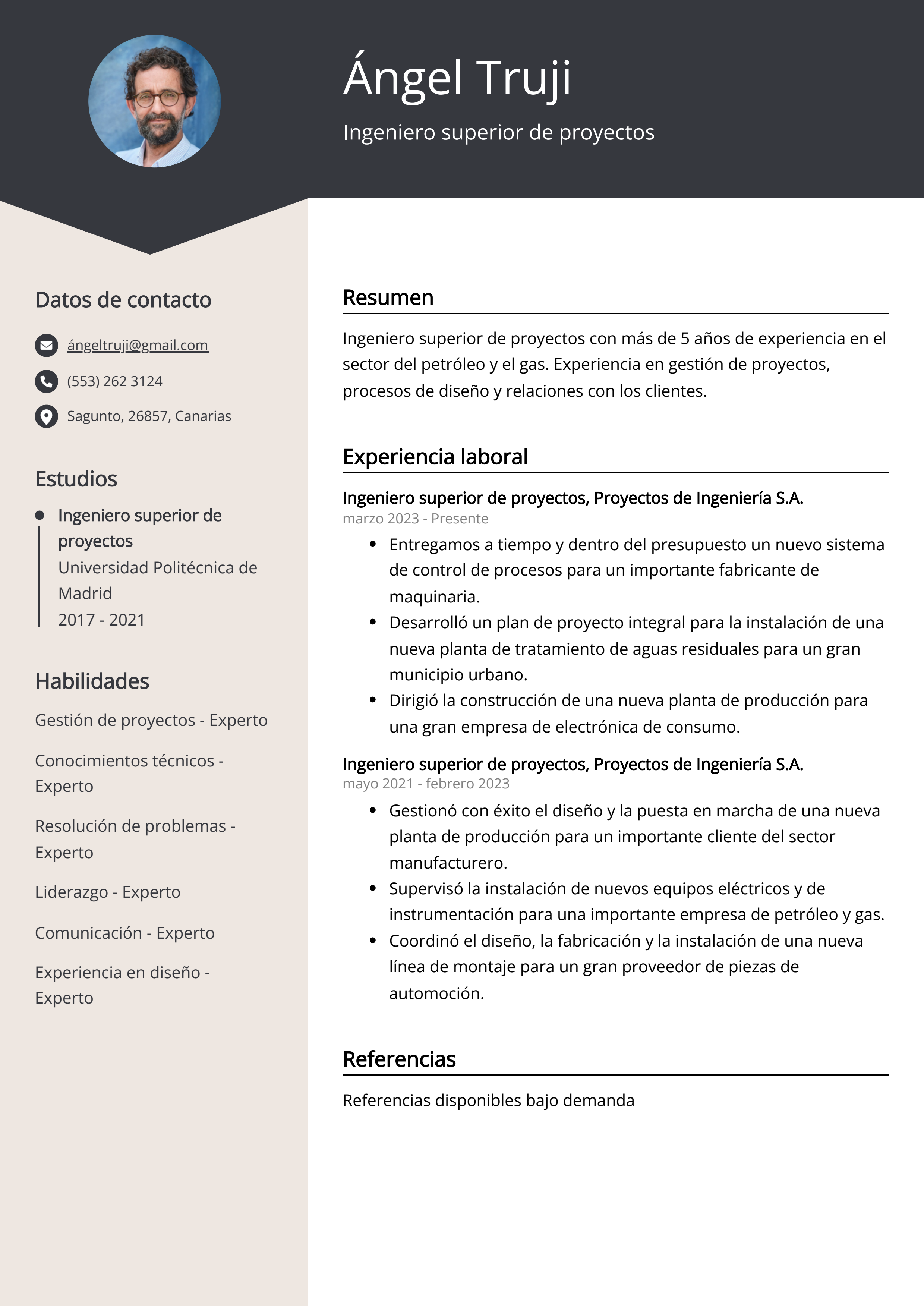 Ingeniero superior de proyectos Ejemplo de CV