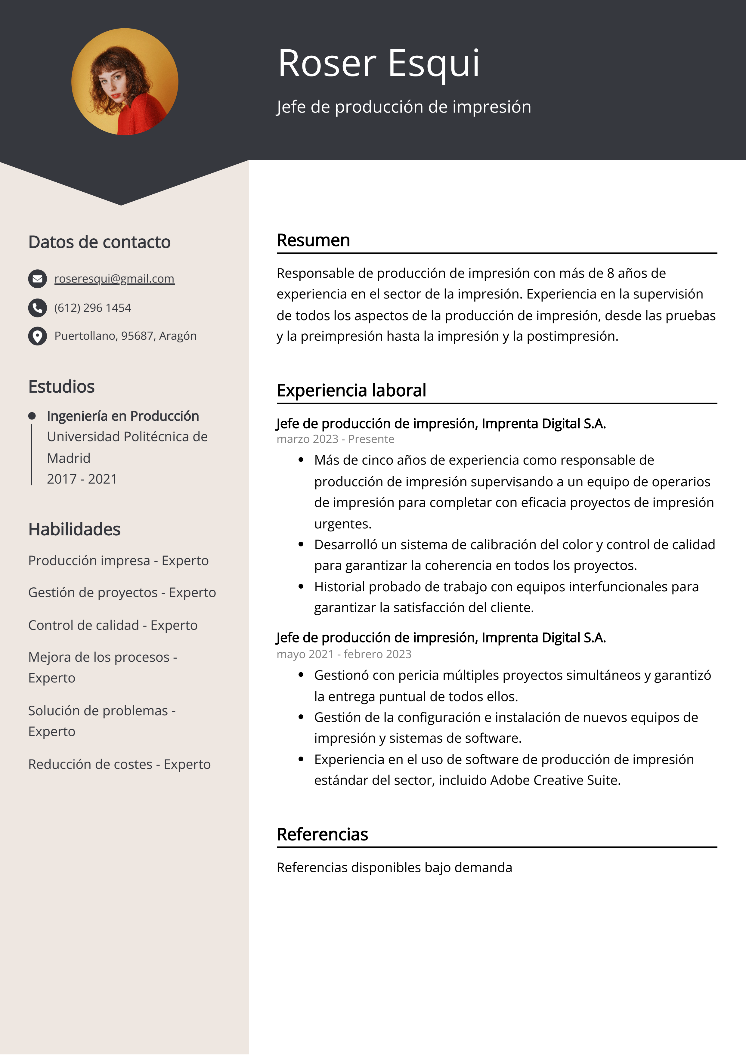 Jefe de producción de impresión Ejemplo de CV