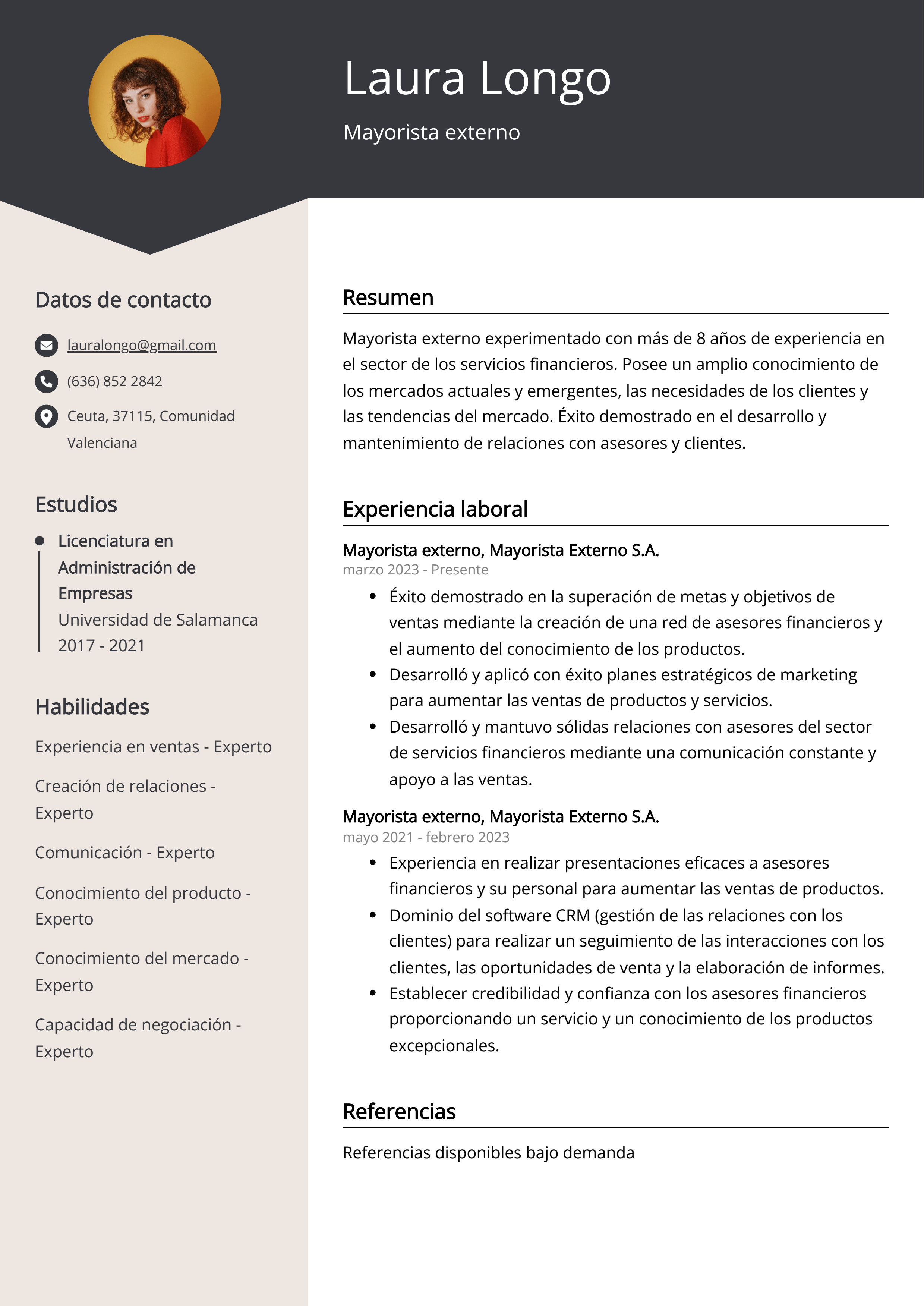 Mayorista externo Ejemplo de CV