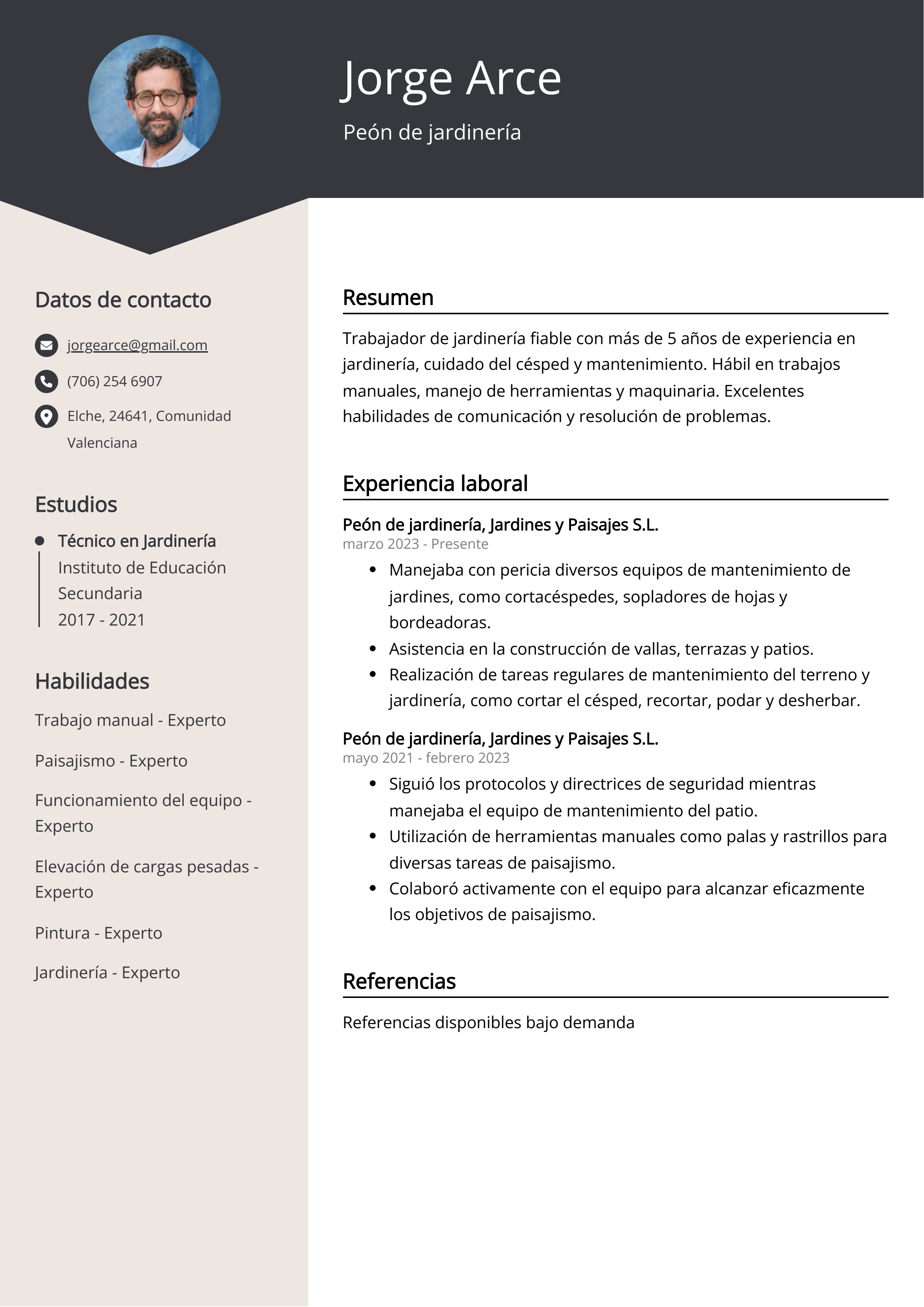 Peón de jardinería Ejemplo de CV