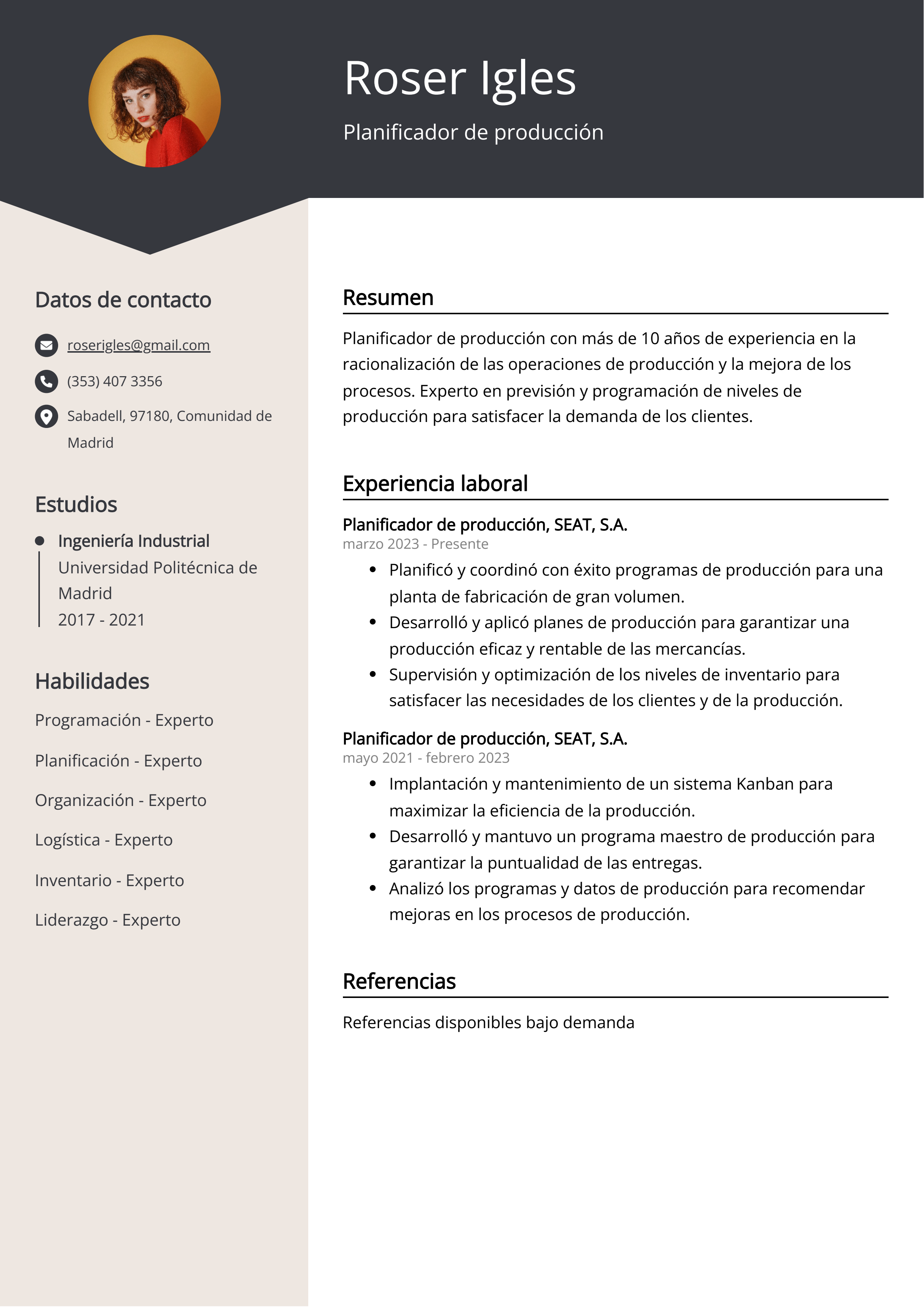 Planificador de producción Ejemplo de CV