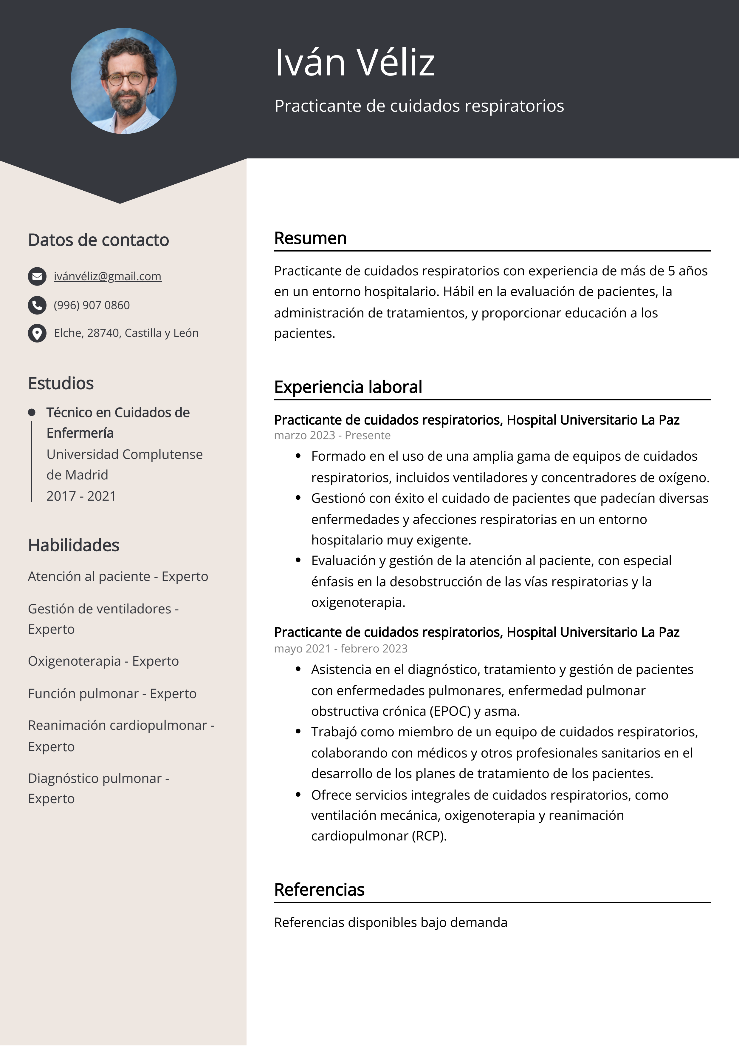 Practicante de cuidados respiratorios Ejemplo de CV