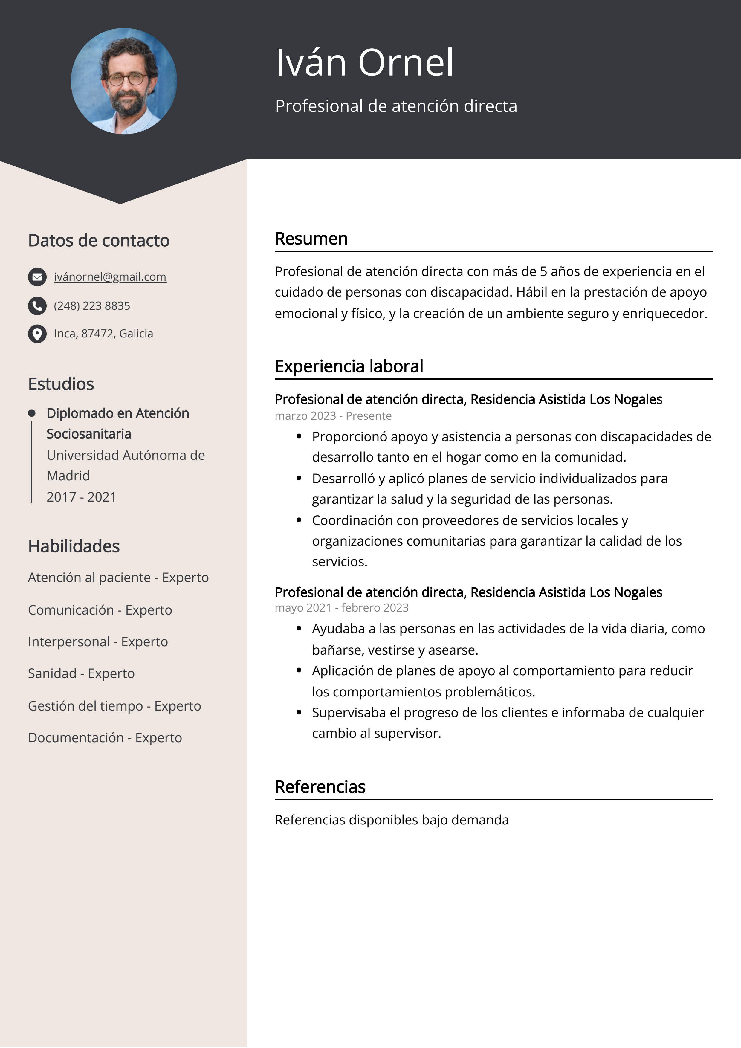 Profesional de atención directa Ejemplo de CV