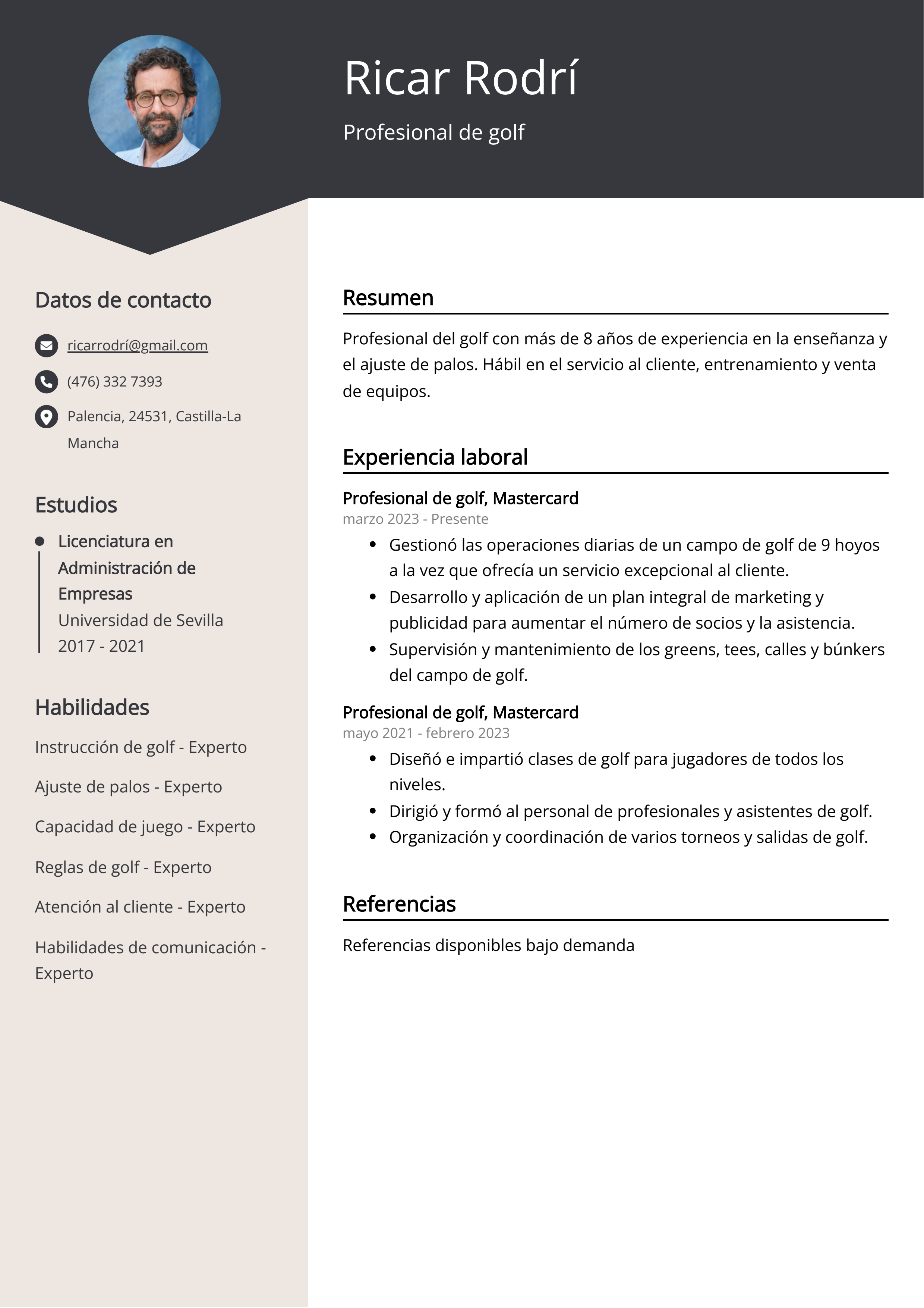 Profesional de golf Resume Example