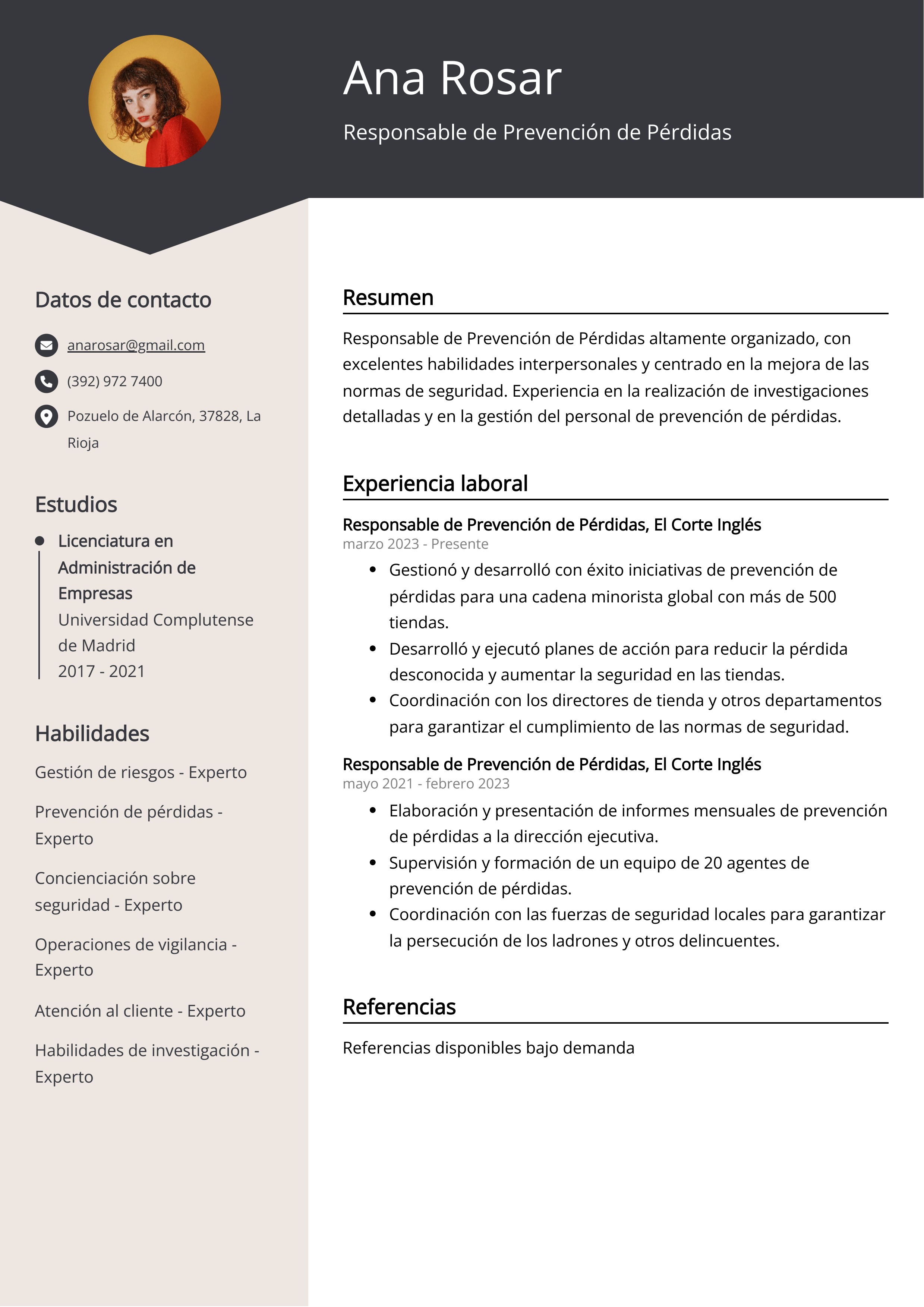 Responsable de Prevención de Pérdidas Ejemplo de Curriculum Vitae