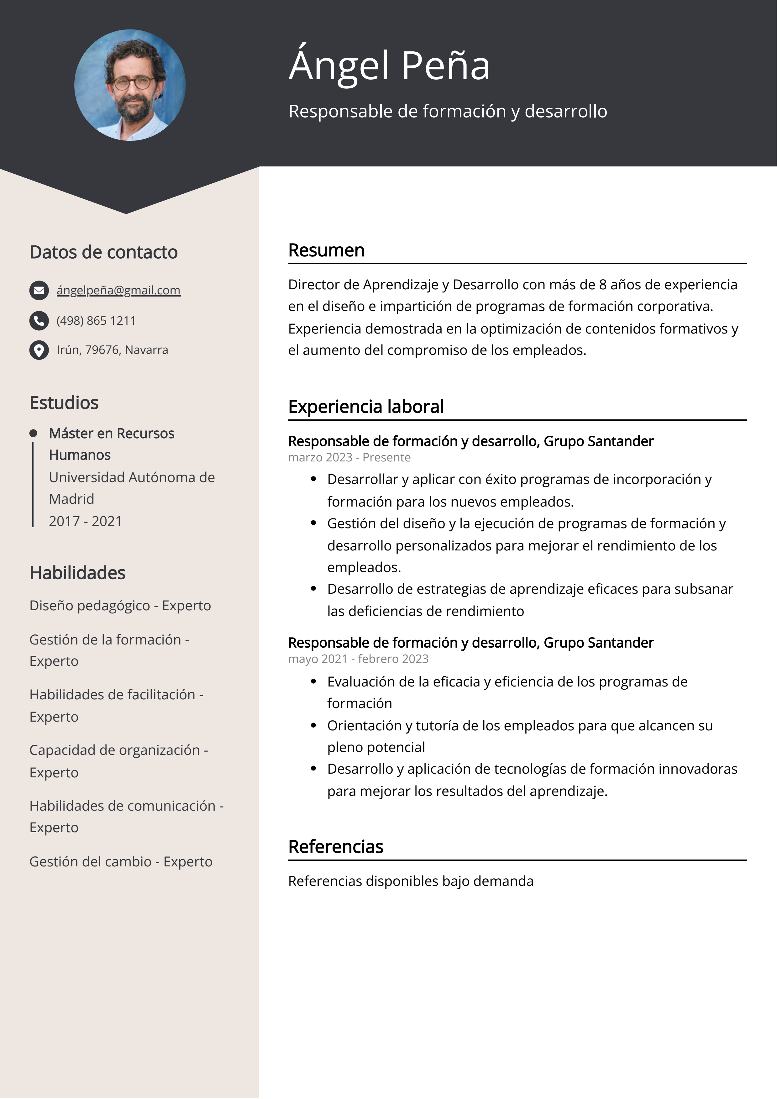 Responsable de formación y desarrollo Ejemplo de CV